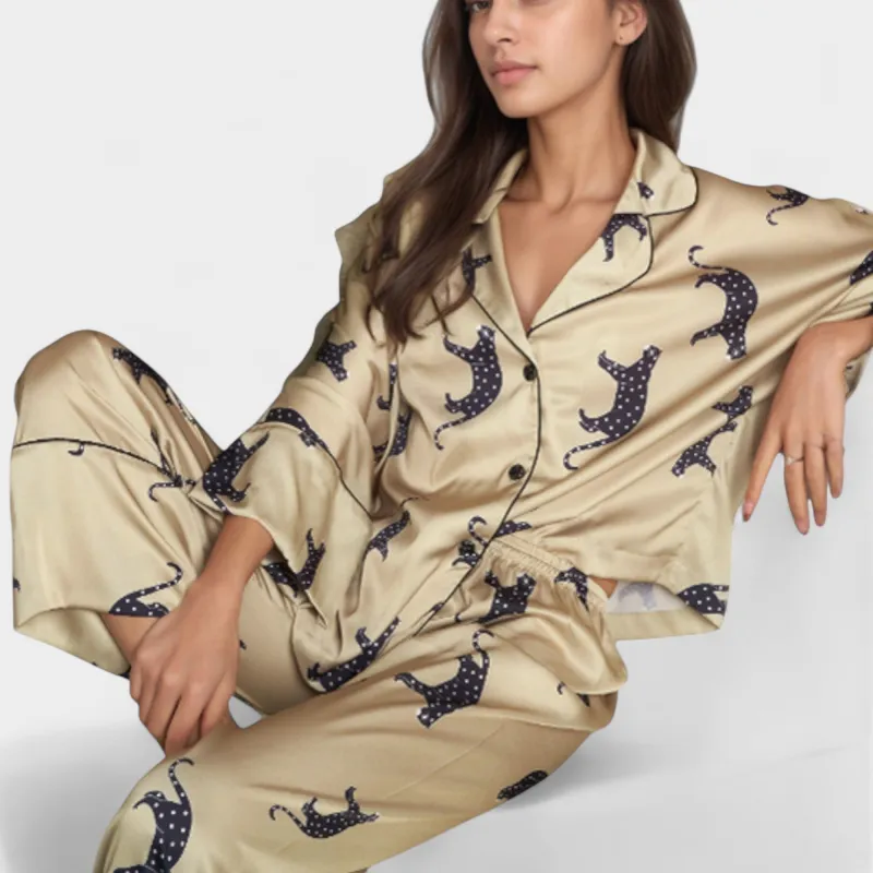 Anna-Kaci Lounge Women's Cat Print Satin Pajama Set Long Sleeve Button-Up Top with Elastic Waist Full-Length Pants sold by Anna-Kaci