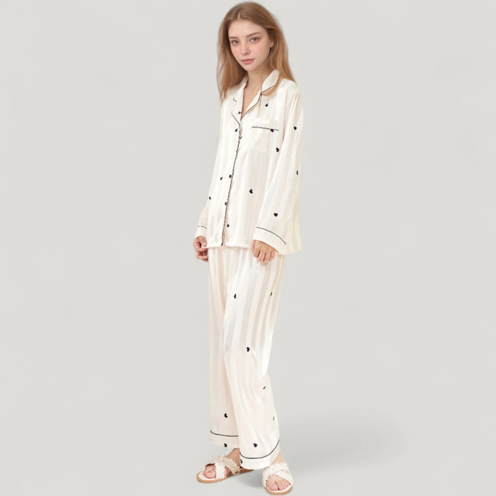 Anna-Kaci Lounge Women's Heart Embroidered Pajama Set with Long Sleeve Button-Up Top and Matching Full-Length Lounge Pants sold by Anna-Kaci product image thumbnail 3