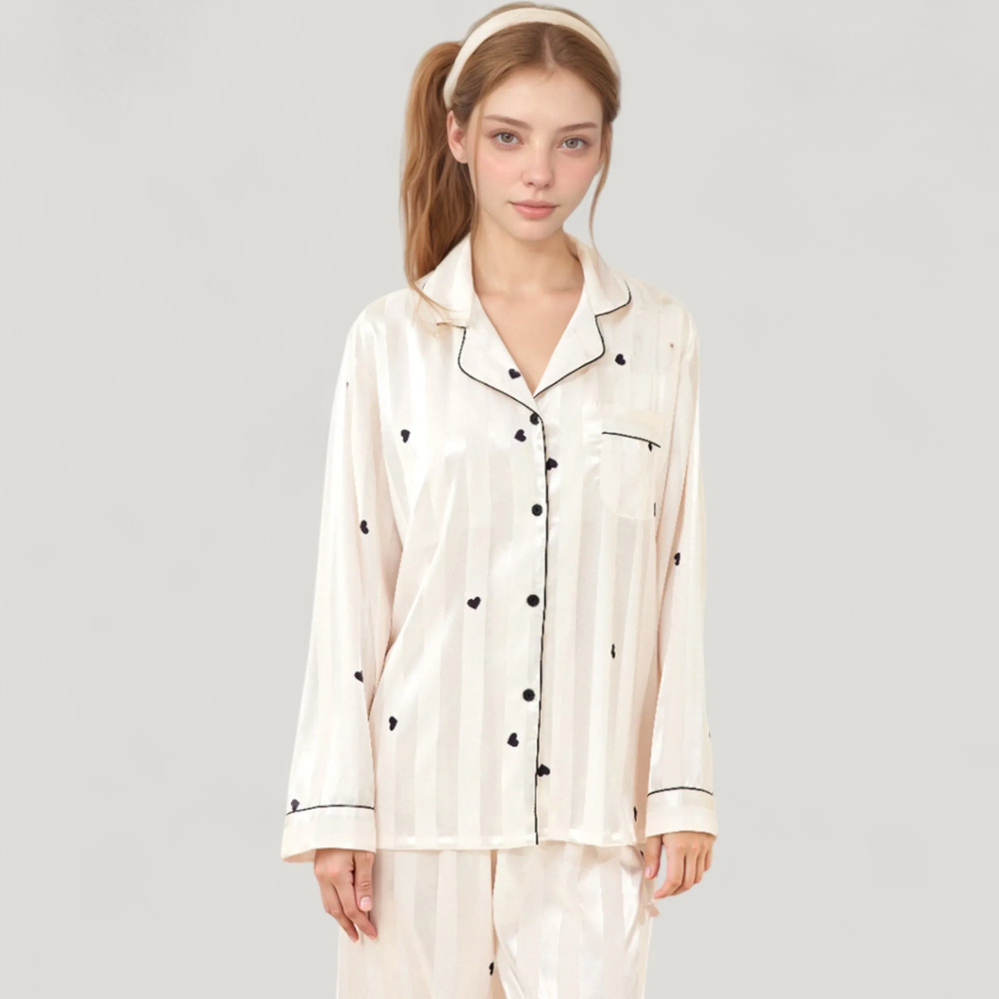 Anna-Kaci Lounge Women's Heart Embroidered Pajama Set with Long Sleeve Button-Up Top and Matching Full-Length Lounge Pants sold by Anna-Kaci product image thumbnail 4