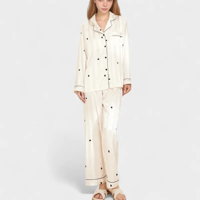 Anna-Kaci Lounge Women's Heart Embroidered Pajama Set with Long Sleeve Button-Up Top and Matching Full-Length Lounge Pants sold by Anna-Kaci