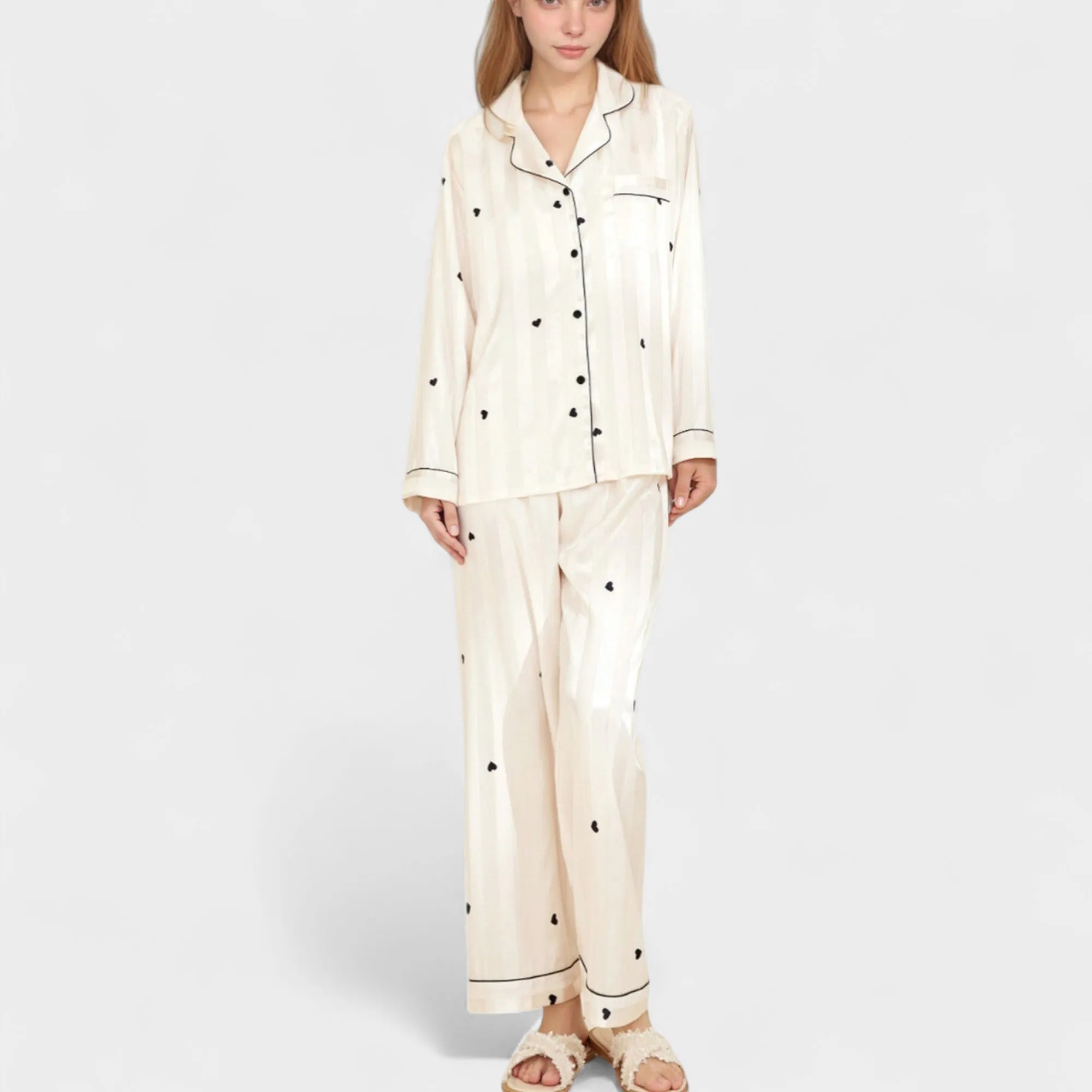 Anna-Kaci Lounge Women's Heart Embroidered Pajama Set with Long Sleeve Button-Up Top and Matching Full-Length Lounge Pants sold by Anna-Kaci