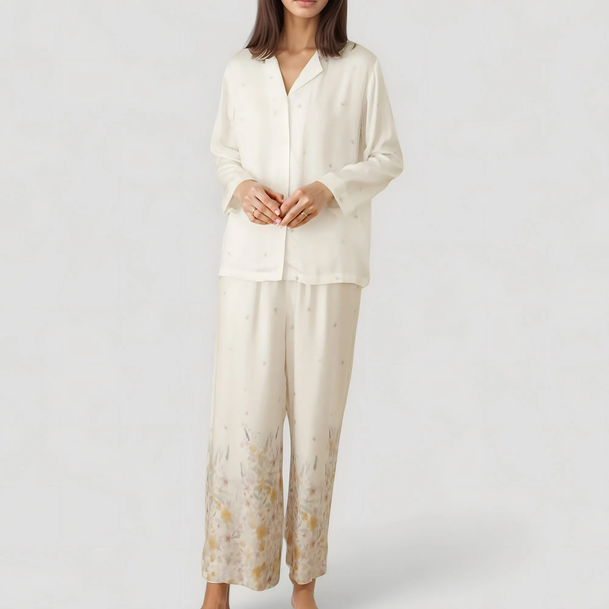 Anna-Kaci Lounge Women's Floral Hem Pajama Set with Long Sleeve Top and Relaxed Fit Wide Leg Pants sold by Anna-Kaci