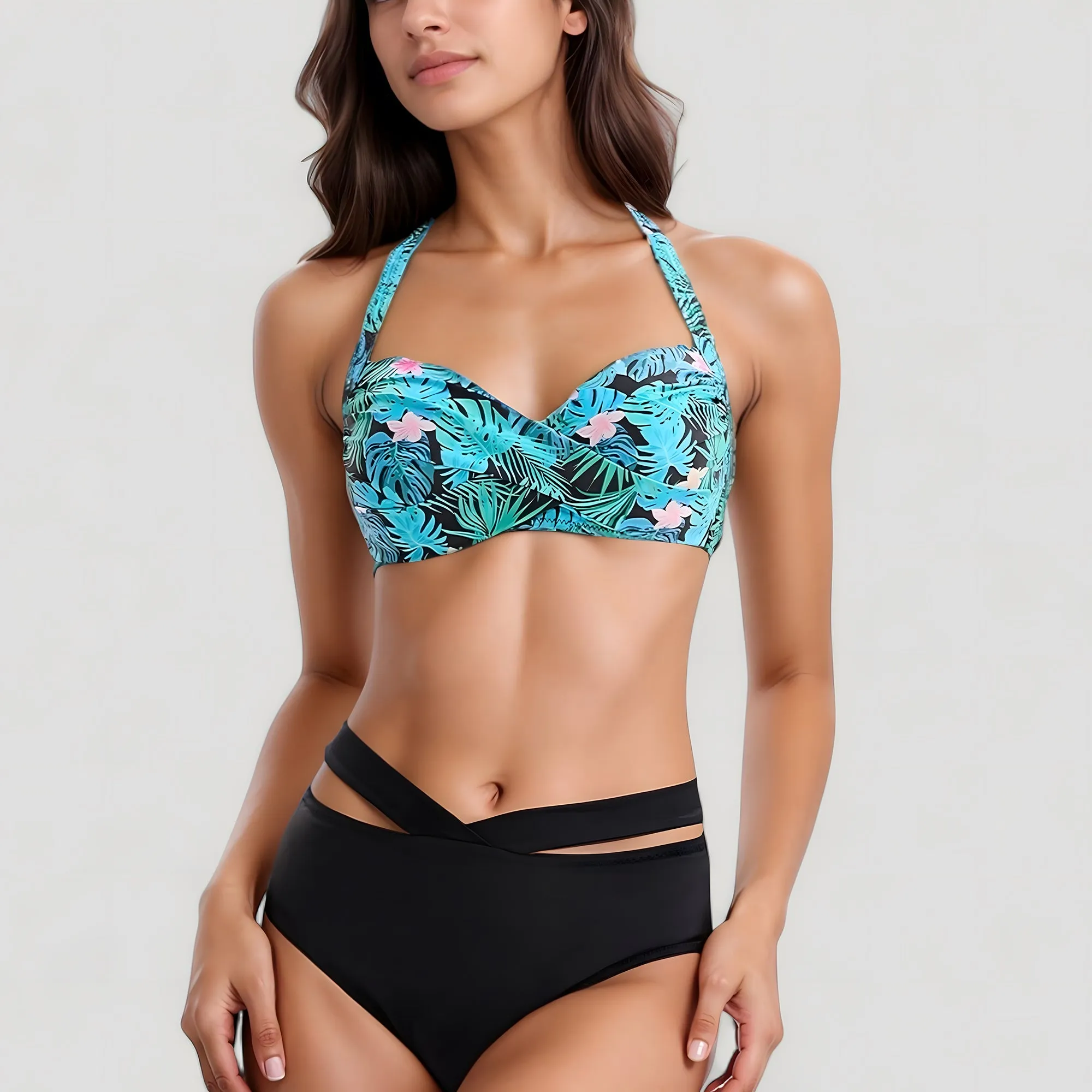 Anna-Kaci Swim Women's Tropical Print Bikini Set with Crisscross High Waist Bottom and Wide Strap Top sold by Anna-Kaci
