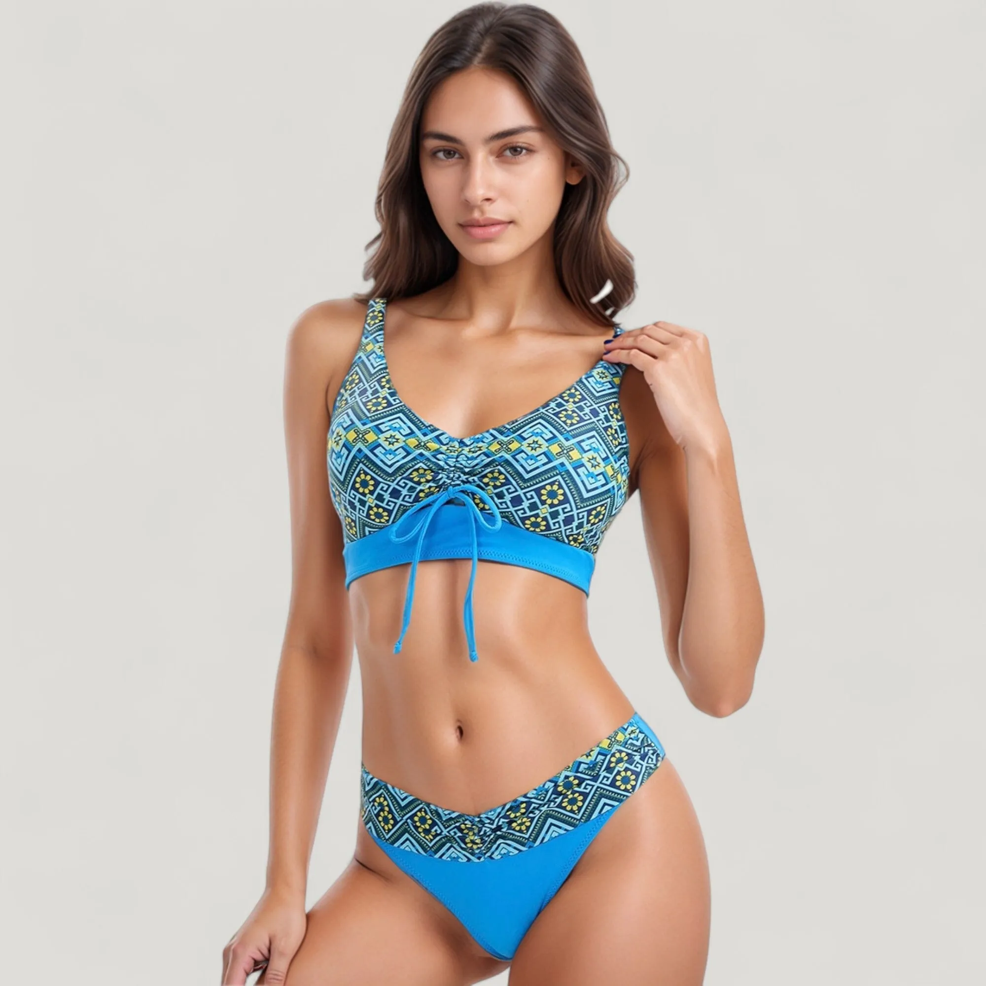 Anna-Kaci Swim Women's Printed Scoop Neck Bikini Set Drawstring Detail Crop Top and V Cut Hipster Bottoms sold by Anna-Kaci product image thumbnail 4