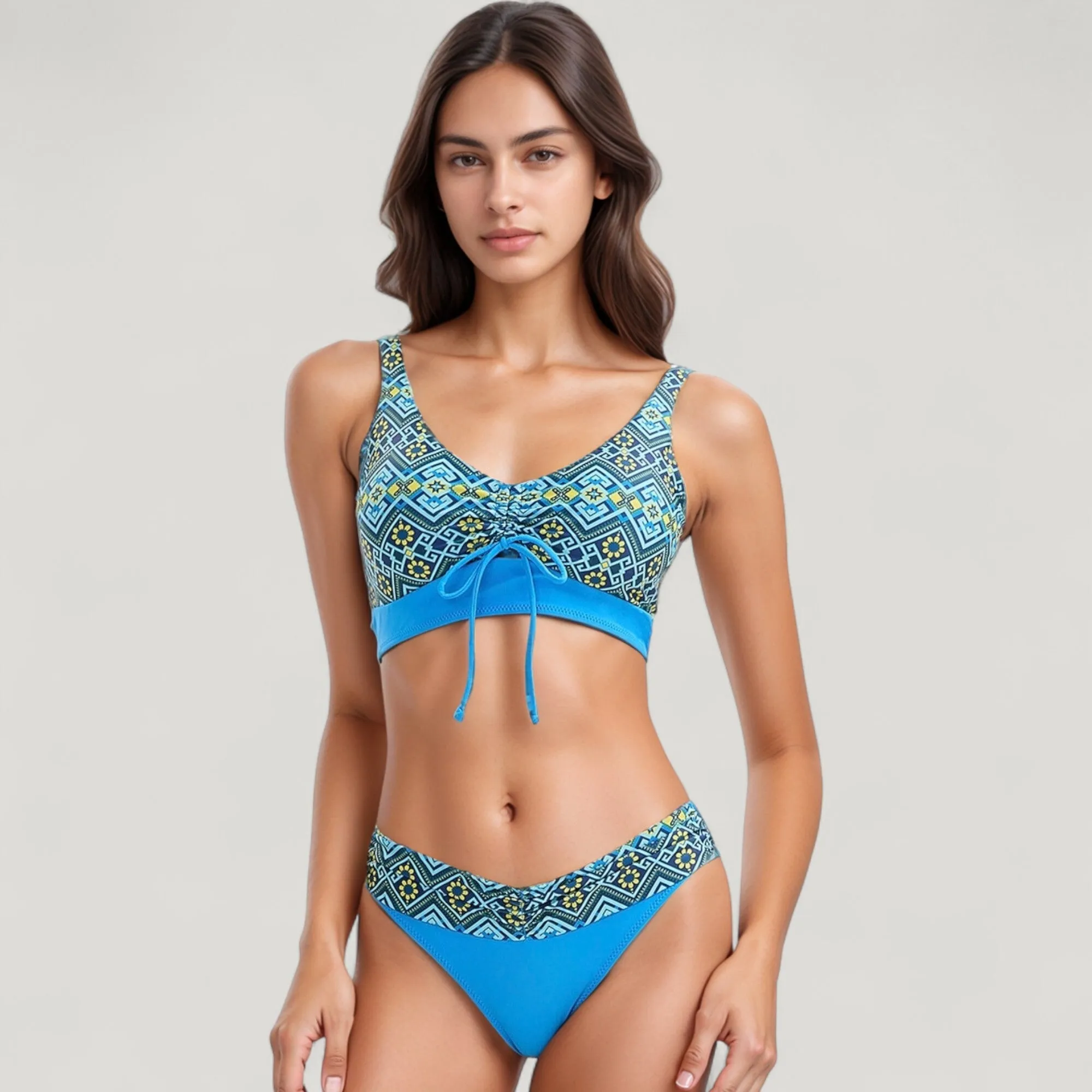 Anna-Kaci Swim Women's Printed Scoop Neck Bikini Set Drawstring Detail Crop Top and V Cut Hipster Bottoms sold by Anna-Kaci product image thumbnail 2