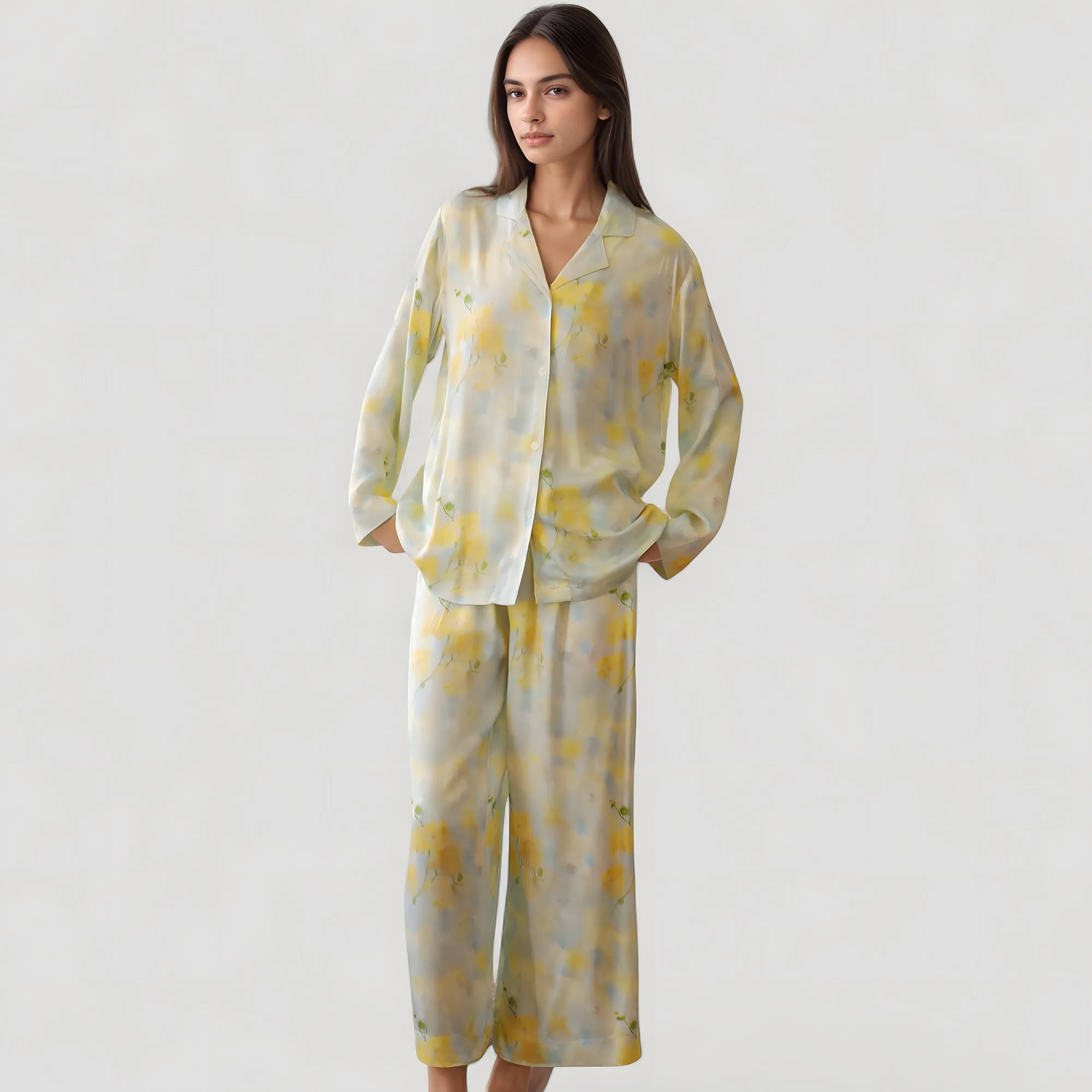 Anna-Kaci Lounge Women's Watercolor Floral Print Pajama Set with Relaxed Long Sleeve Button-Up Top and Wide Leg Pants sold by Anna-Kaci product image thumbnail 2