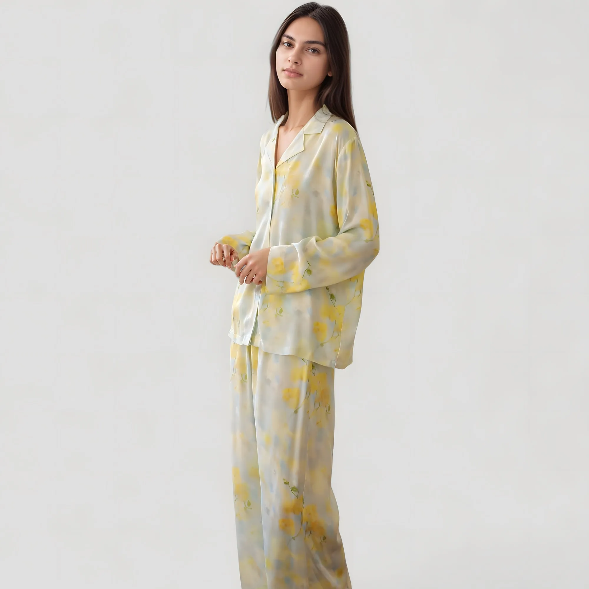 Anna-Kaci Lounge Women's Watercolor Floral Print Pajama Set with Relaxed Long Sleeve Button-Up Top and Wide Leg Pants sold by Anna-Kaci product image thumbnail 3