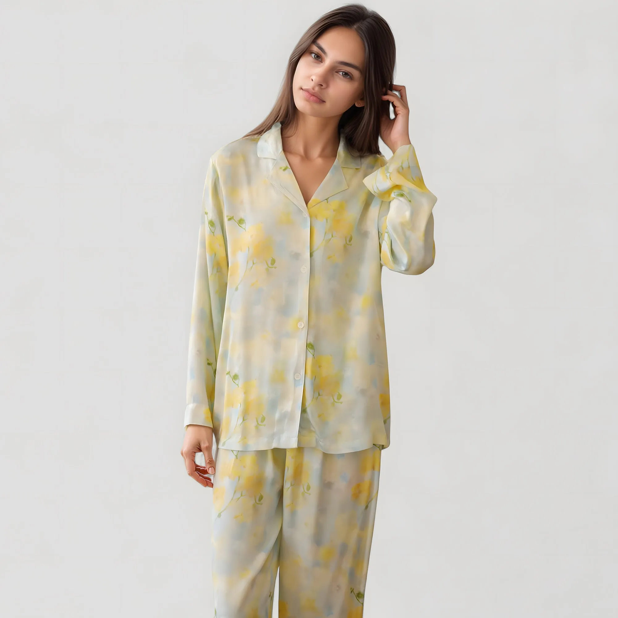 Anna-Kaci Lounge Women's Watercolor Floral Print Pajama Set with Relaxed Long Sleeve Button-Up Top and Wide Leg Pants sold by Anna-Kaci product image thumbnail 4