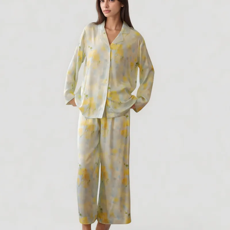 Anna-Kaci Lounge Women's Watercolor Floral Print Pajama Set with Relaxed Long Sleeve Button-Up Top and Wide Leg Pants sold by Anna-Kaci