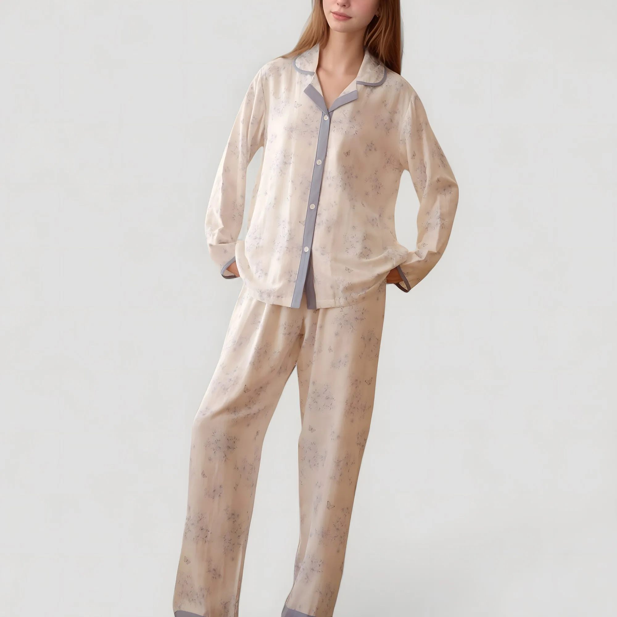 Anna-Kaci Lounge Women's Floral Print Long Sleeve Pajama Set with Contrast Piping Trim and Relaxed Button-Up Shirt sold by Anna-Kaci