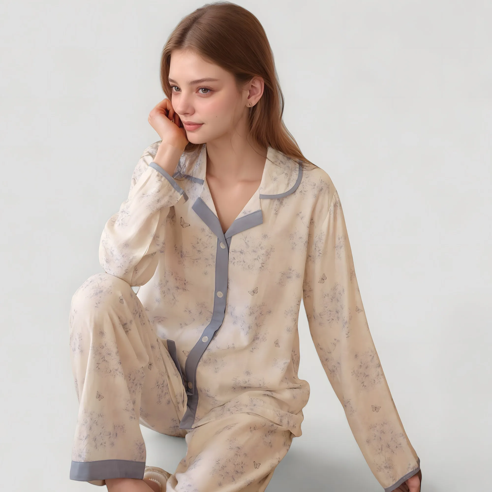 Anna-Kaci Lounge Women's Floral Print Long Sleeve Pajama Set with Contrast Piping Trim and Relaxed Button-Up Shirt sold by Anna-Kaci product image thumbnail 5