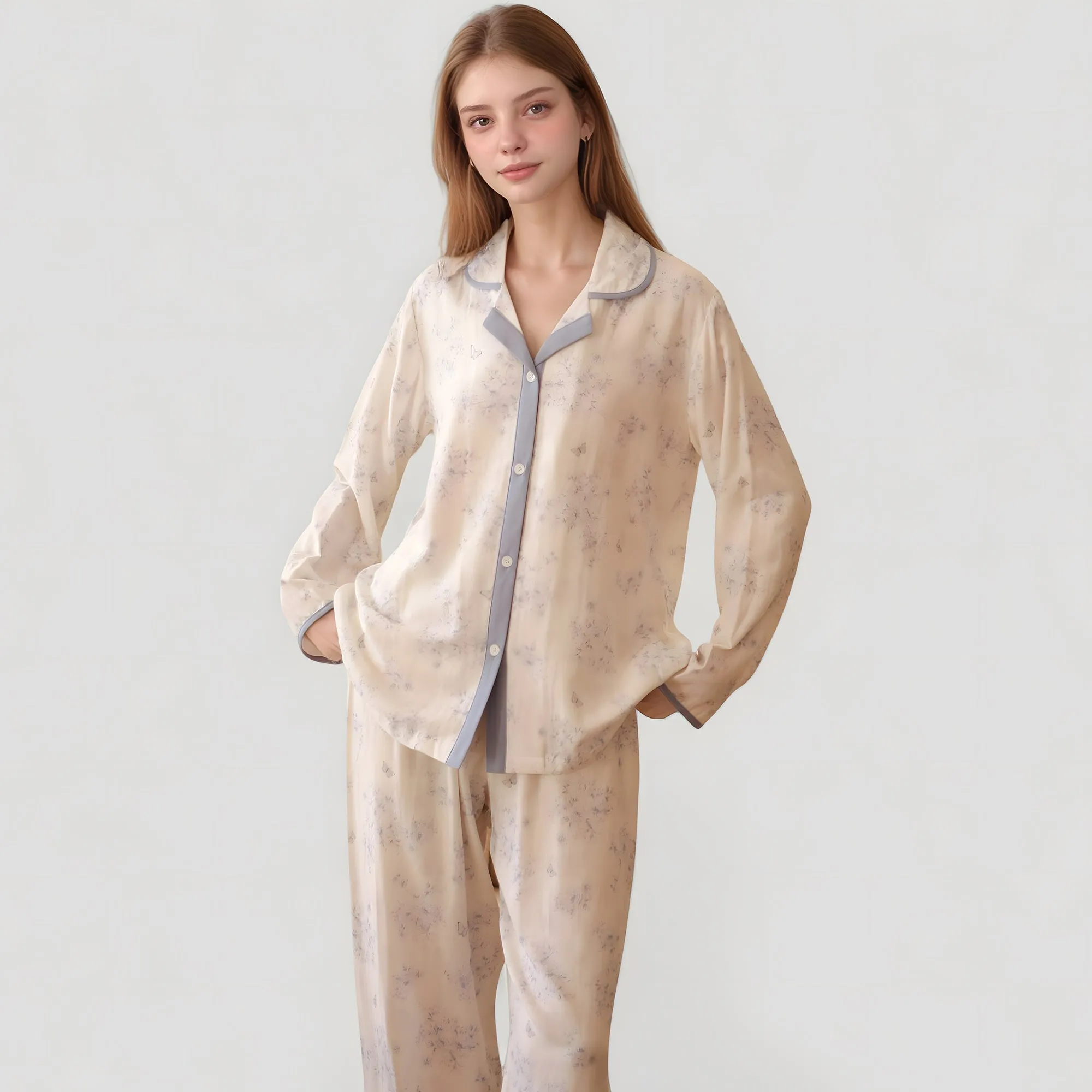 Anna-Kaci Lounge Women's Floral Print Long Sleeve Pajama Set with Contrast Piping Trim and Relaxed Button-Up Shirt sold by Anna-Kaci product image thumbnail 2