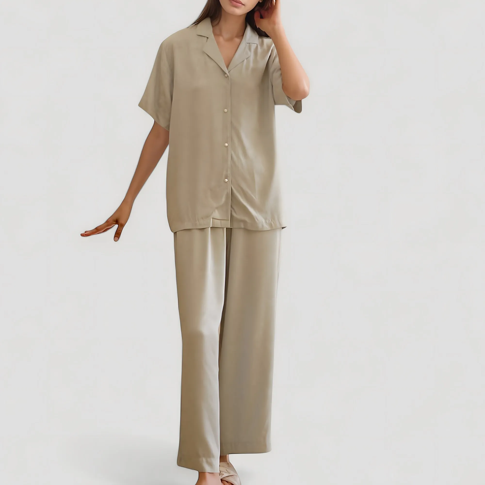 Anna-Kaci Lounge Women's Satin Button-Up Pajama Set with Short Sleeves and Relaxed Fit Wide Leg Pants sold by Anna-Kaci