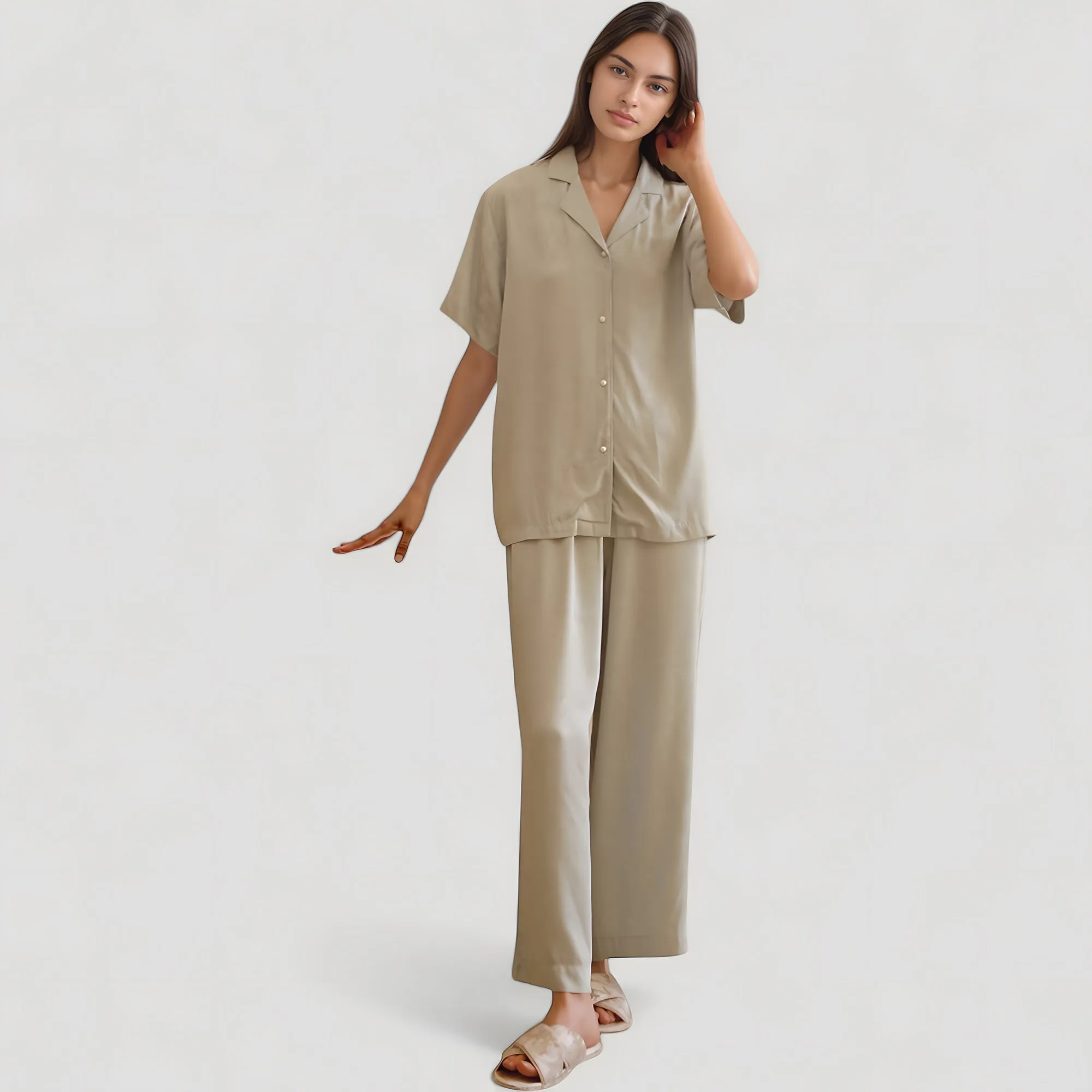 Anna-Kaci Lounge Women's Satin Button-Up Pajama Set with Short Sleeves and Relaxed Fit Wide Leg Pants sold by Anna-Kaci product image thumbnail 2