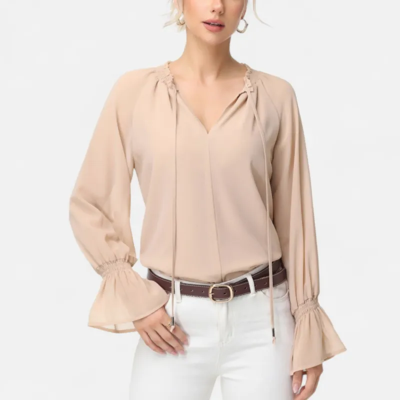 Anna-Kaci Women's Long Sleeve Blouse with Flounce Cuffs and Ruffle Trim Tie Neck Design sold by Anna-Kaci