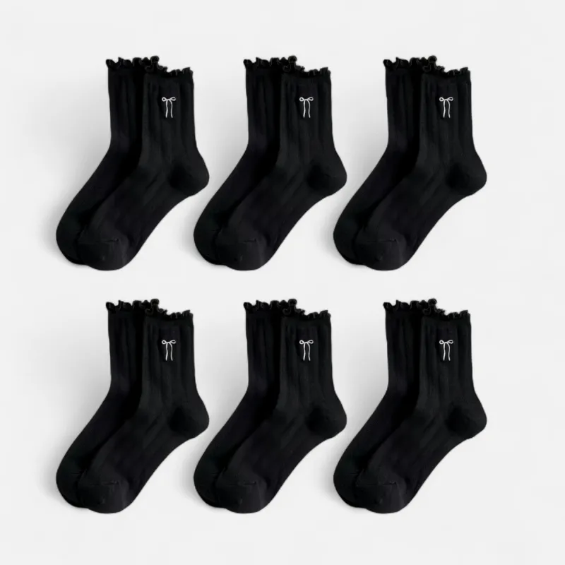 Anna-Kaci Women's 6-Pack Ruffle Trim Crew Socks with Ribbed Texture and Delicate Bow Accent sold by Anna-Kaci