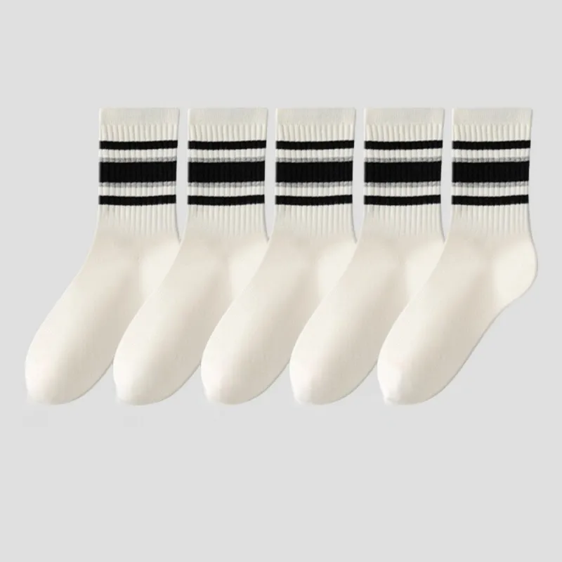 Anna-Kaci Women's 5-Pack Crew Socks Set with Ribbed Knit Texture and Classic Double Stripe Design sold by Anna-Kaci