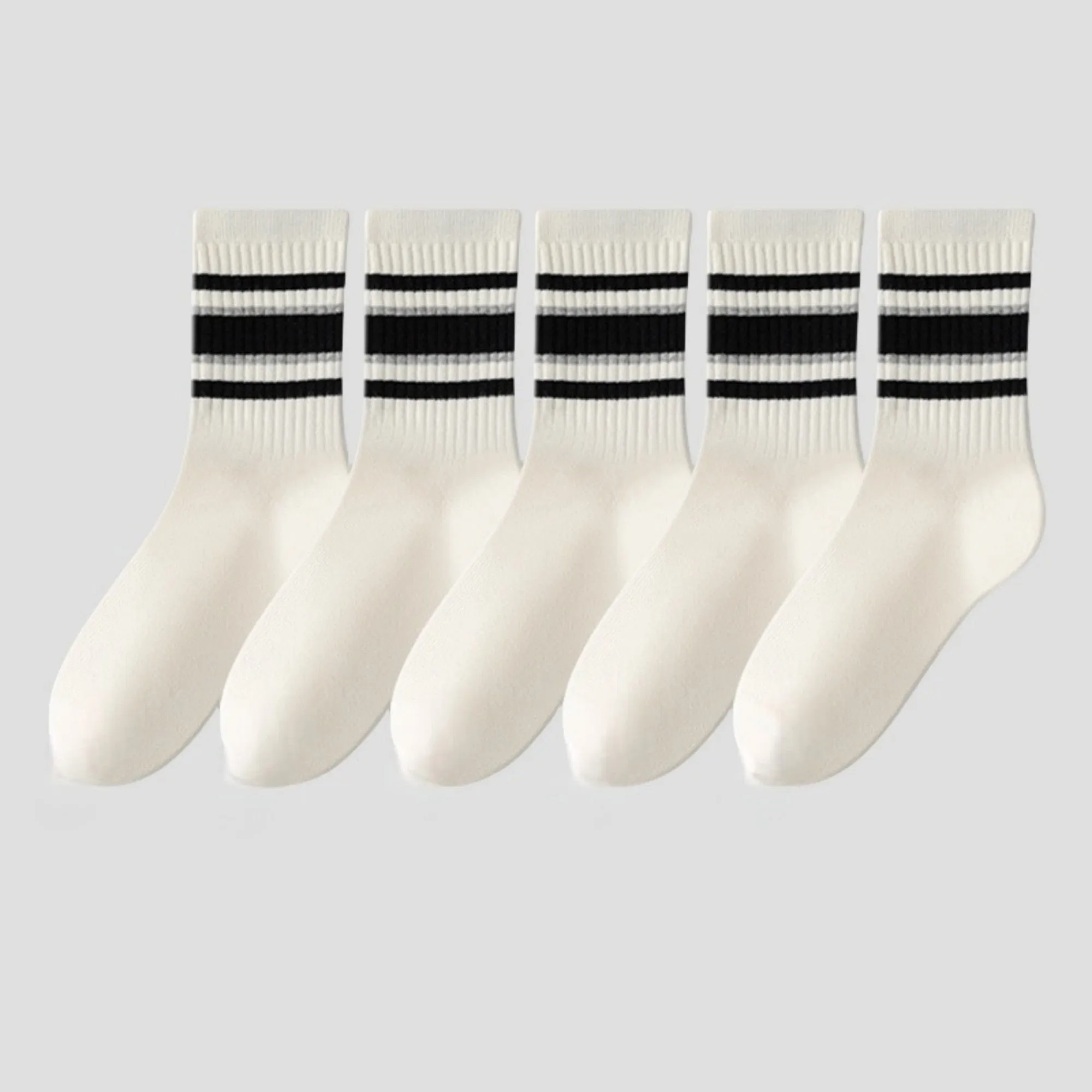 Anna-Kaci Women's 5-Pack Crew Socks Set with Ribbed Knit Texture and Classic Double Stripe Design sold by Anna-Kaci