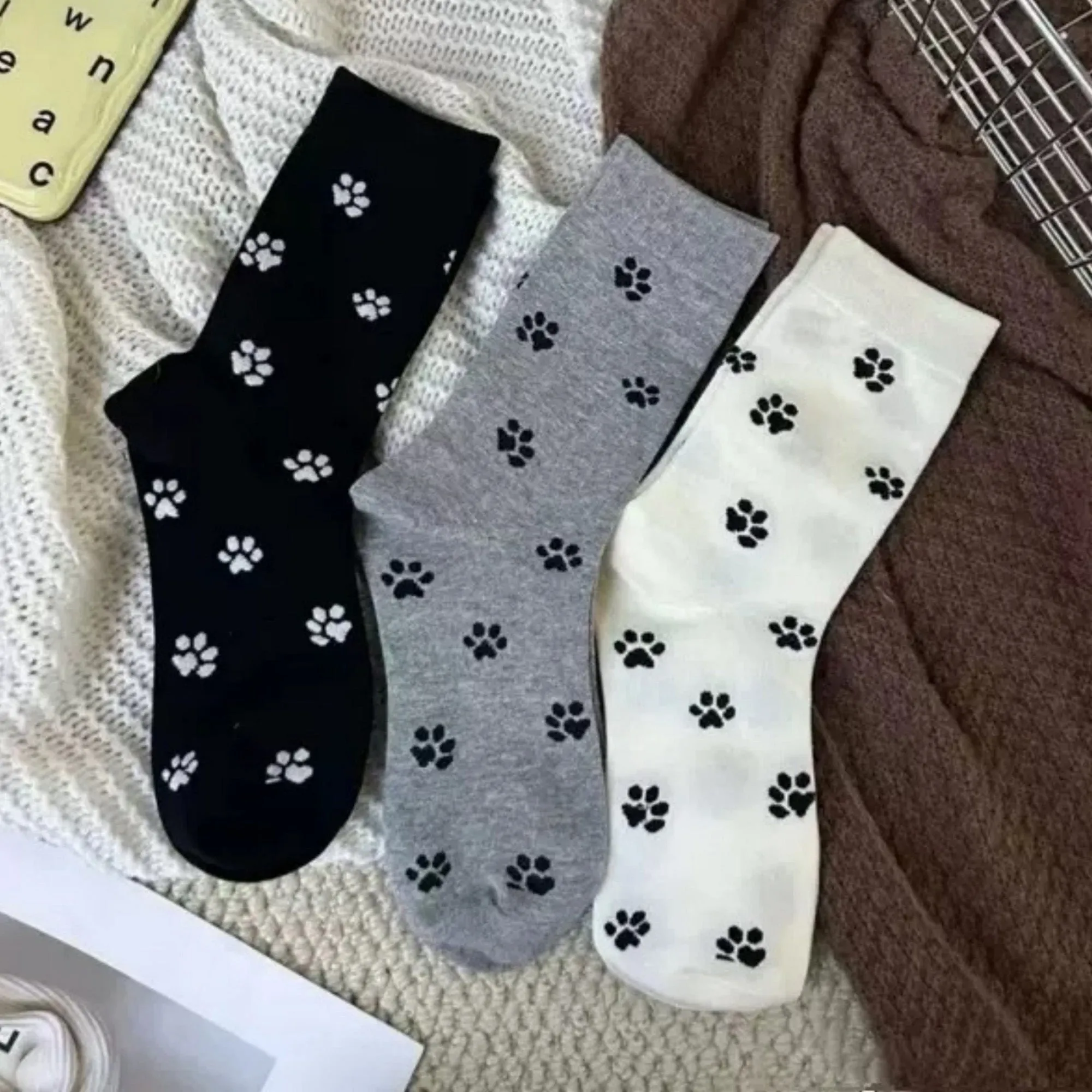 Anna-Kaci Women's 3-Pack Crew Socks with Allover Paw Print Pattern Soft Stretch Casual Sock Set sold by Anna-Kaci product image thumbnail 3