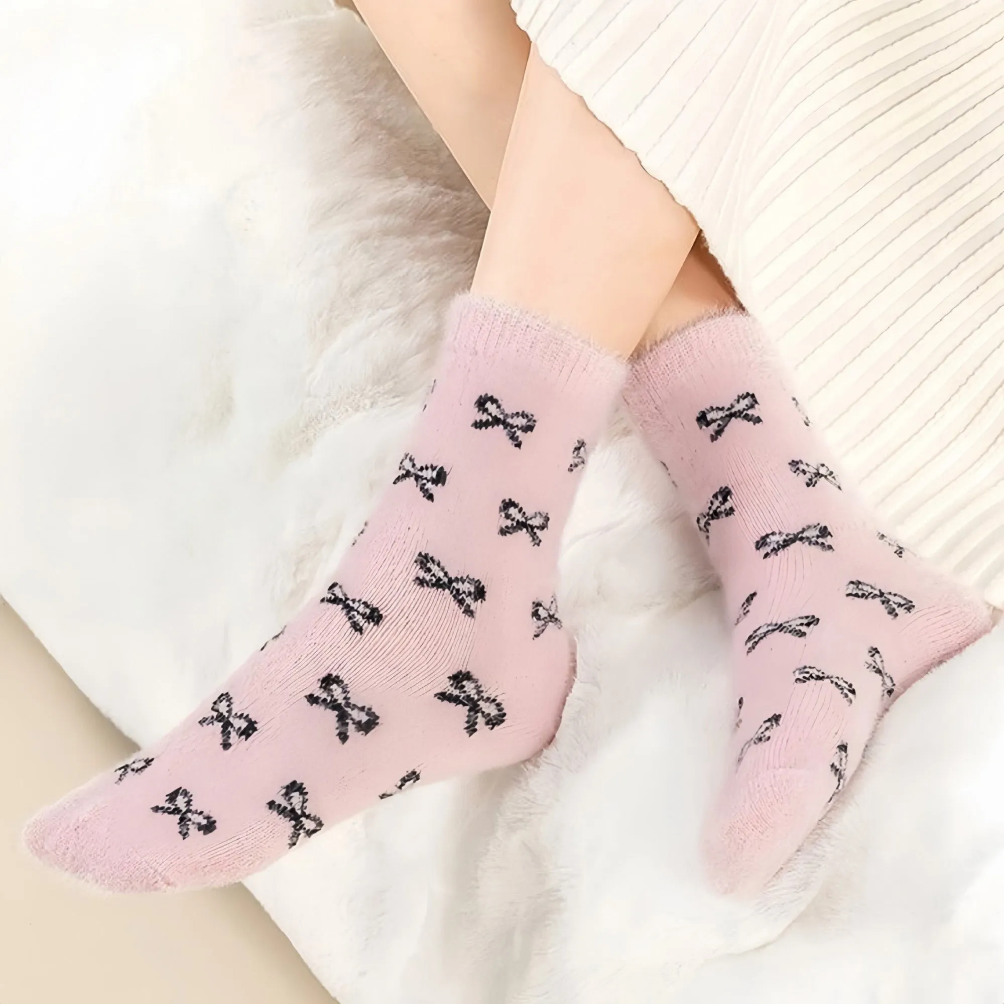 Anna-Kaci Women's 3-Pack Fuzzy Crew Socks with Allover Bow Pattern Soft Cozy Knit Winter Sock Set sold by Anna-Kaci product image thumbnail 2