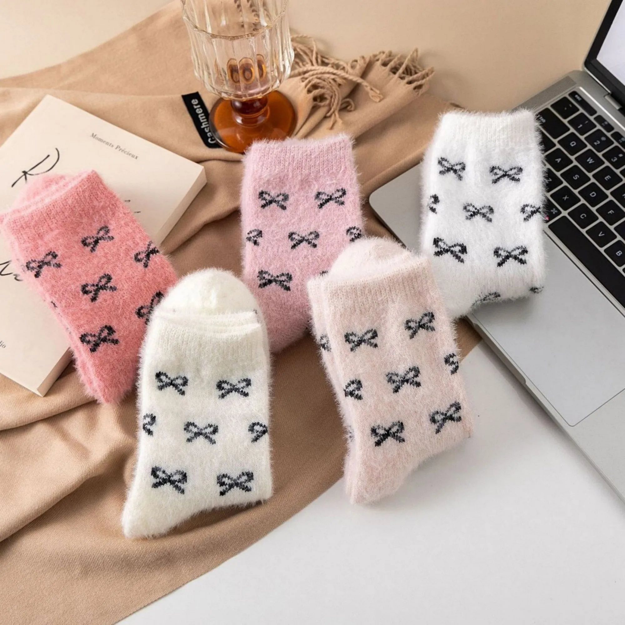 Anna-Kaci Women's 3-Pack Fuzzy Crew Socks with Allover Bow Pattern Soft Cozy Knit Winter Sock Set sold by Anna-Kaci product image thumbnail 5