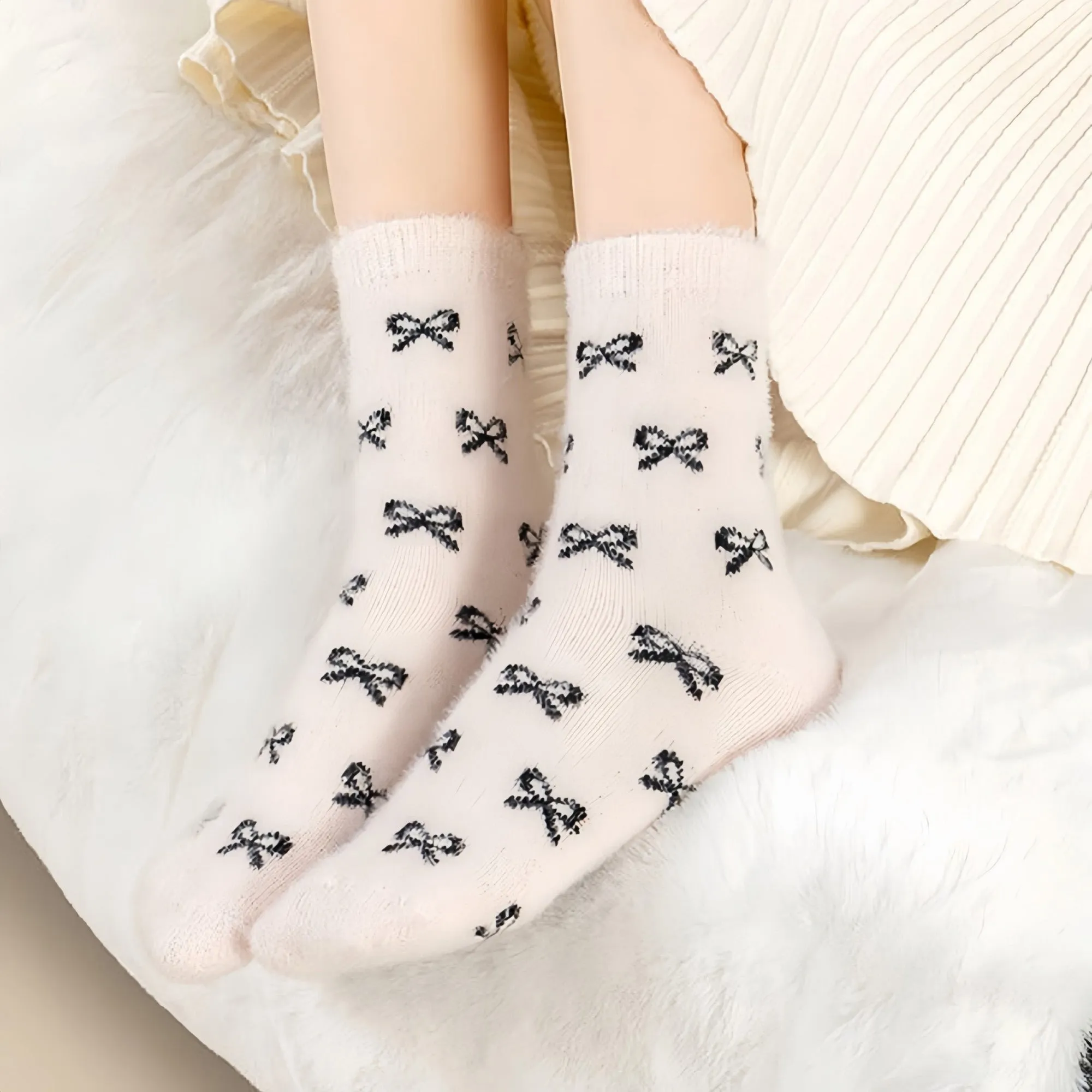 Anna-Kaci Women's 3-Pack Fuzzy Crew Socks with Allover Bow Pattern Soft Cozy Knit Winter Sock Set sold by Anna-Kaci product image thumbnail 3