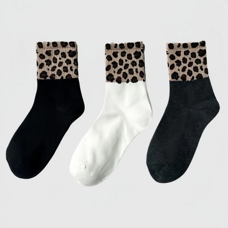 Anna-Kaci Women's 3-Pack Crew Socks with Ribbed Leopard Print Cuffs and Soft Stretch Knit Design sold by Anna-Kaci