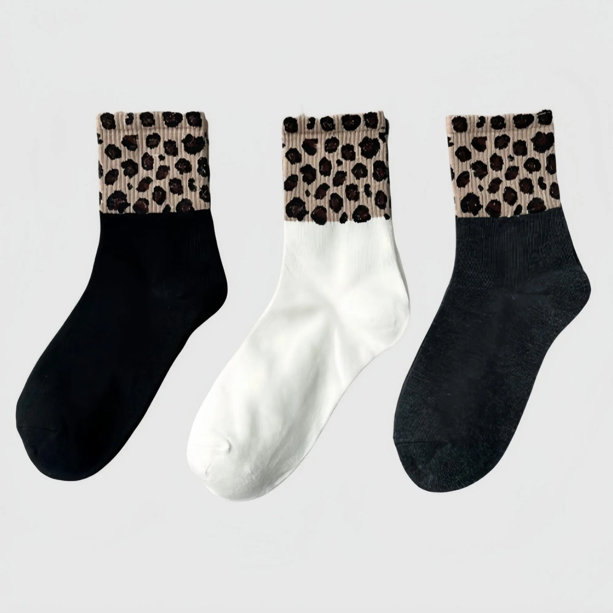 Anna-Kaci Women's 3-Pack Crew Socks with Ribbed Leopard Print Cuffs and Soft Stretch Knit Design sold by Anna-Kaci