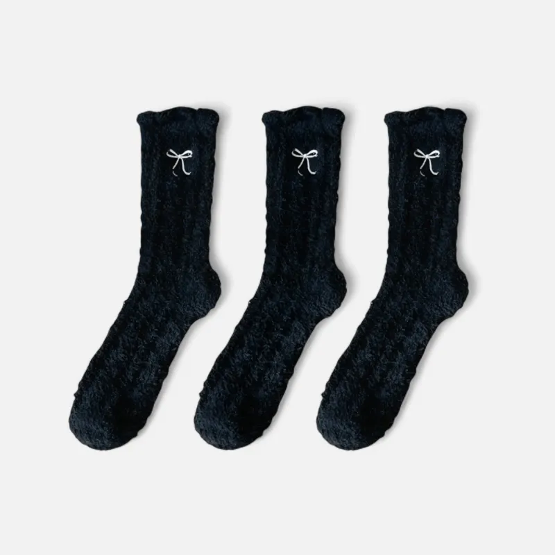 Anna-Kaci Women's 3-Pack Fuzzy Crew Socks with Embroidered Bow Detail and Soft Plush Texture sold by Anna-Kaci