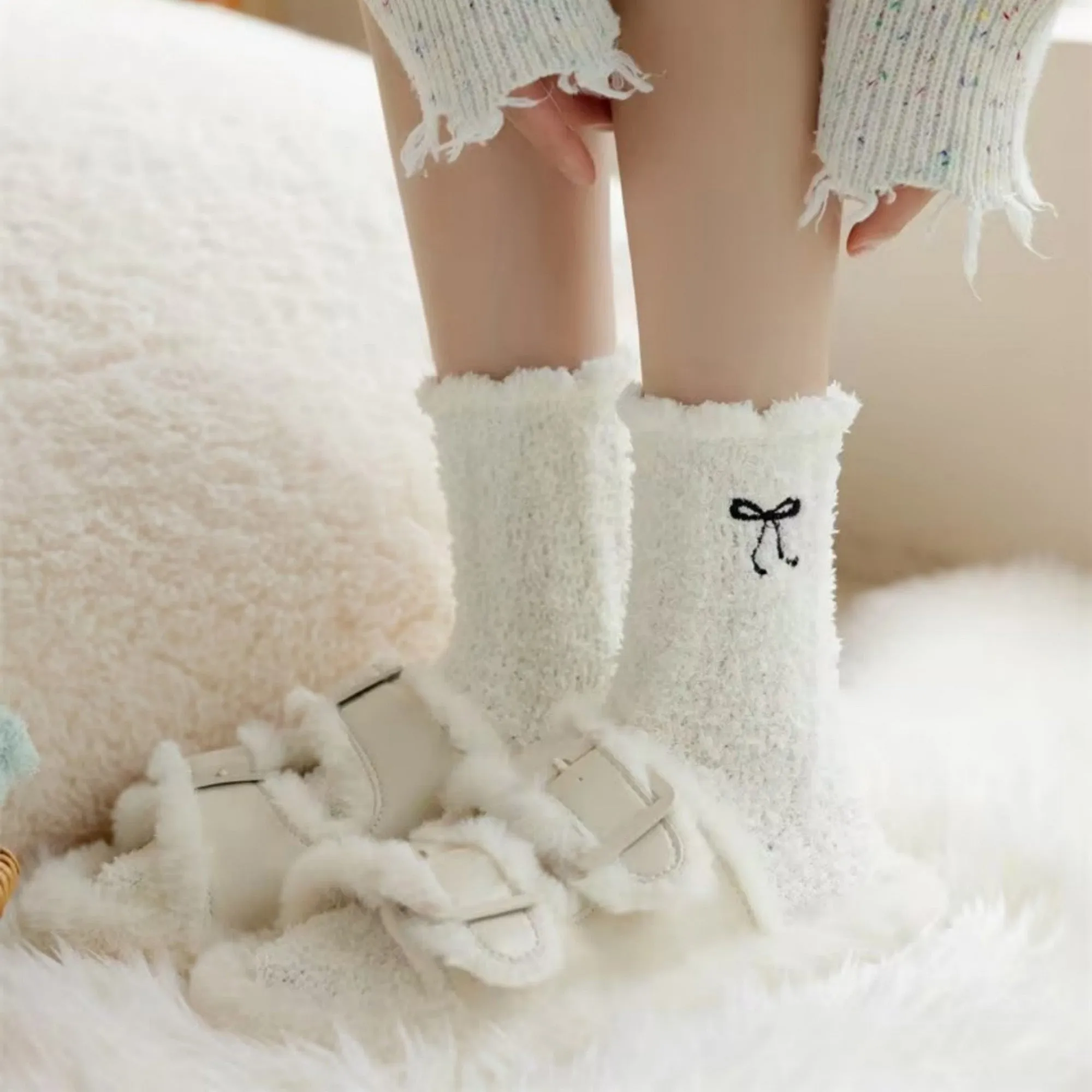 Anna-Kaci Women's 3-Pack Fuzzy Crew Socks with Embroidered Bow Detail and Soft Plush Texture sold by Anna-Kaci product image thumbnail 5