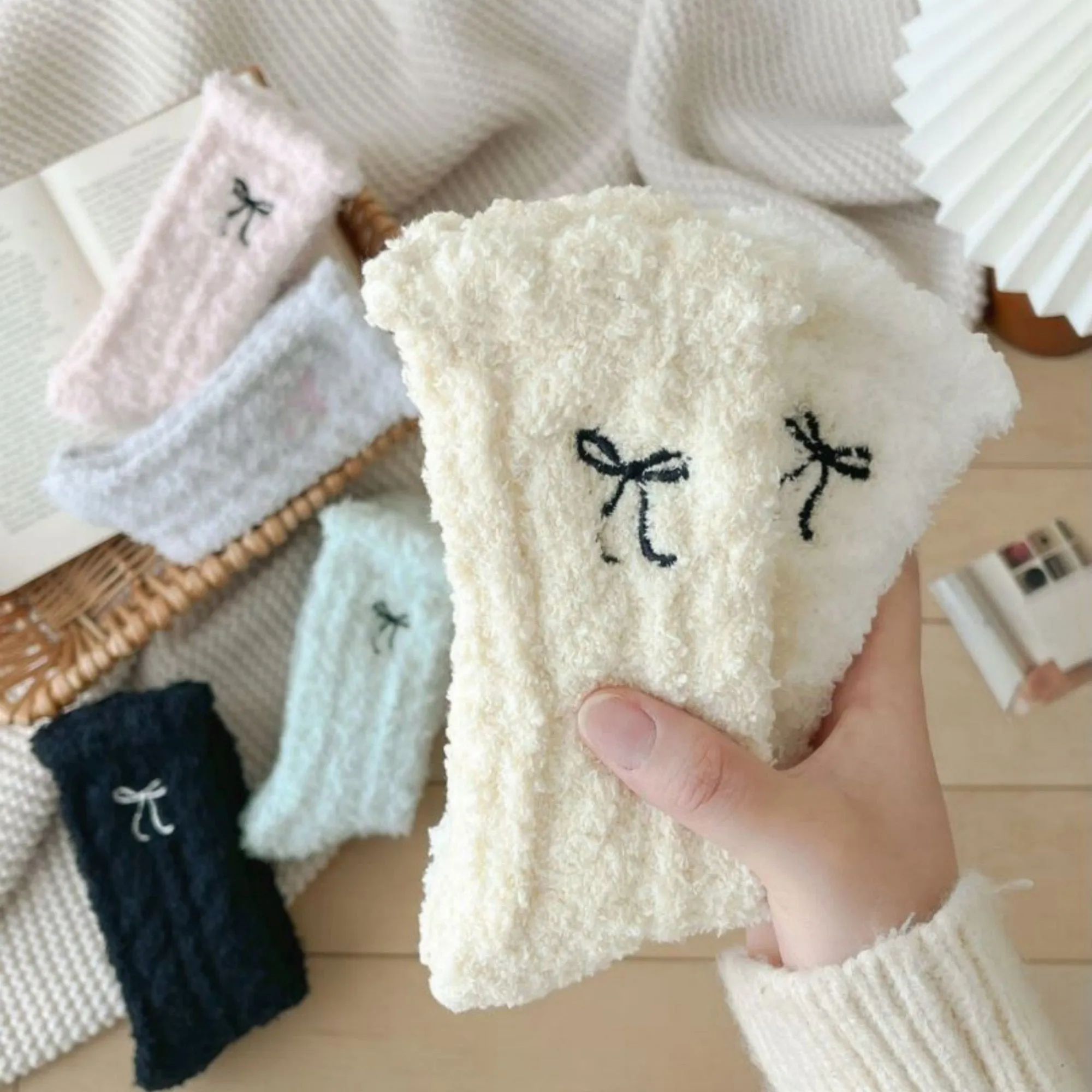 Anna-Kaci Women's 3-Pack Fuzzy Crew Socks with Embroidered Bow Detail and Soft Plush Texture sold by Anna-Kaci product image thumbnail 3