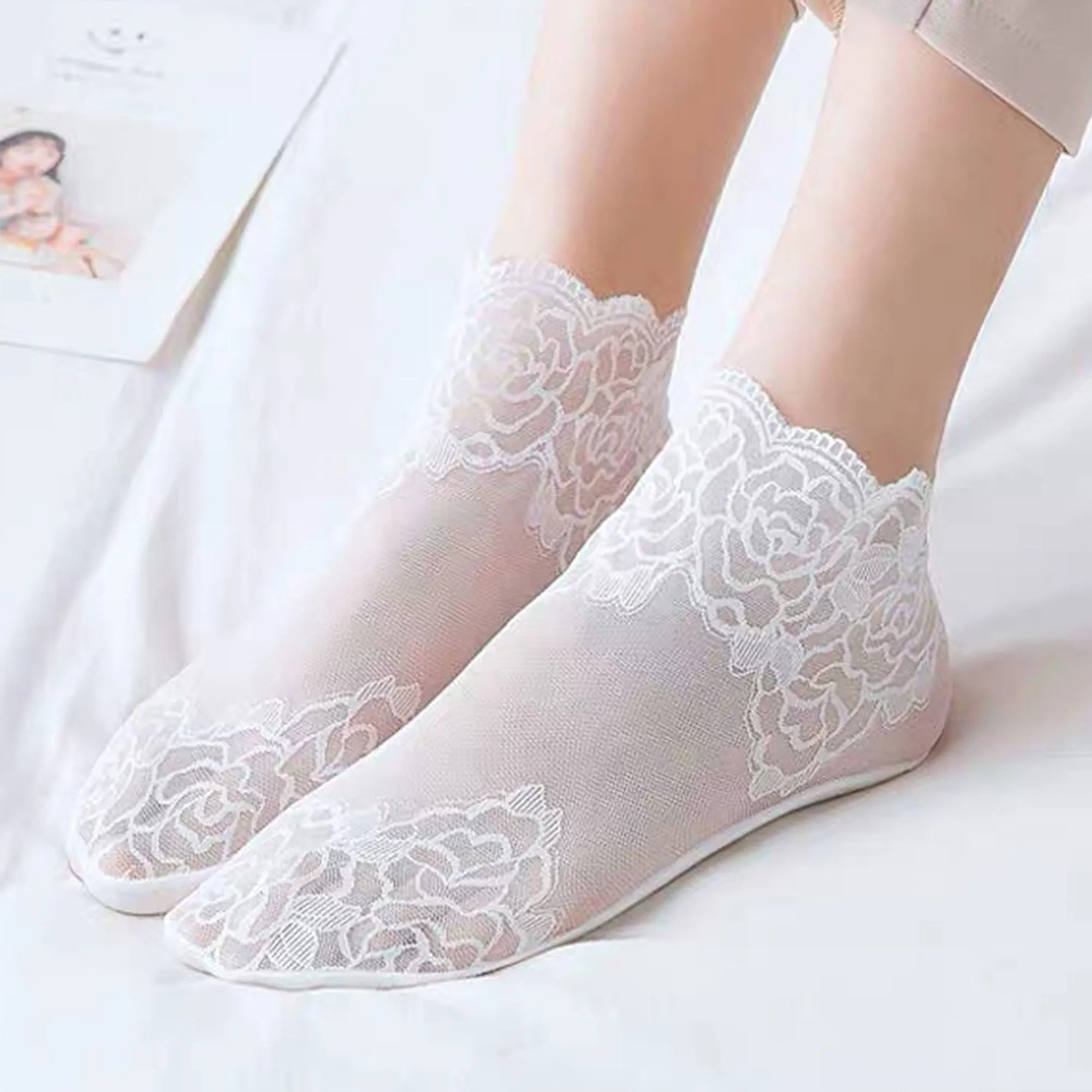 Anna-Kaci 6 Pairs Women's Floral Lace No Show Socks Lightweight Low Cut Sheer Liner with Silicone Heel Grip Elegant Invisible Design for Flats sold by Anna-Kaci product image thumbnail 5