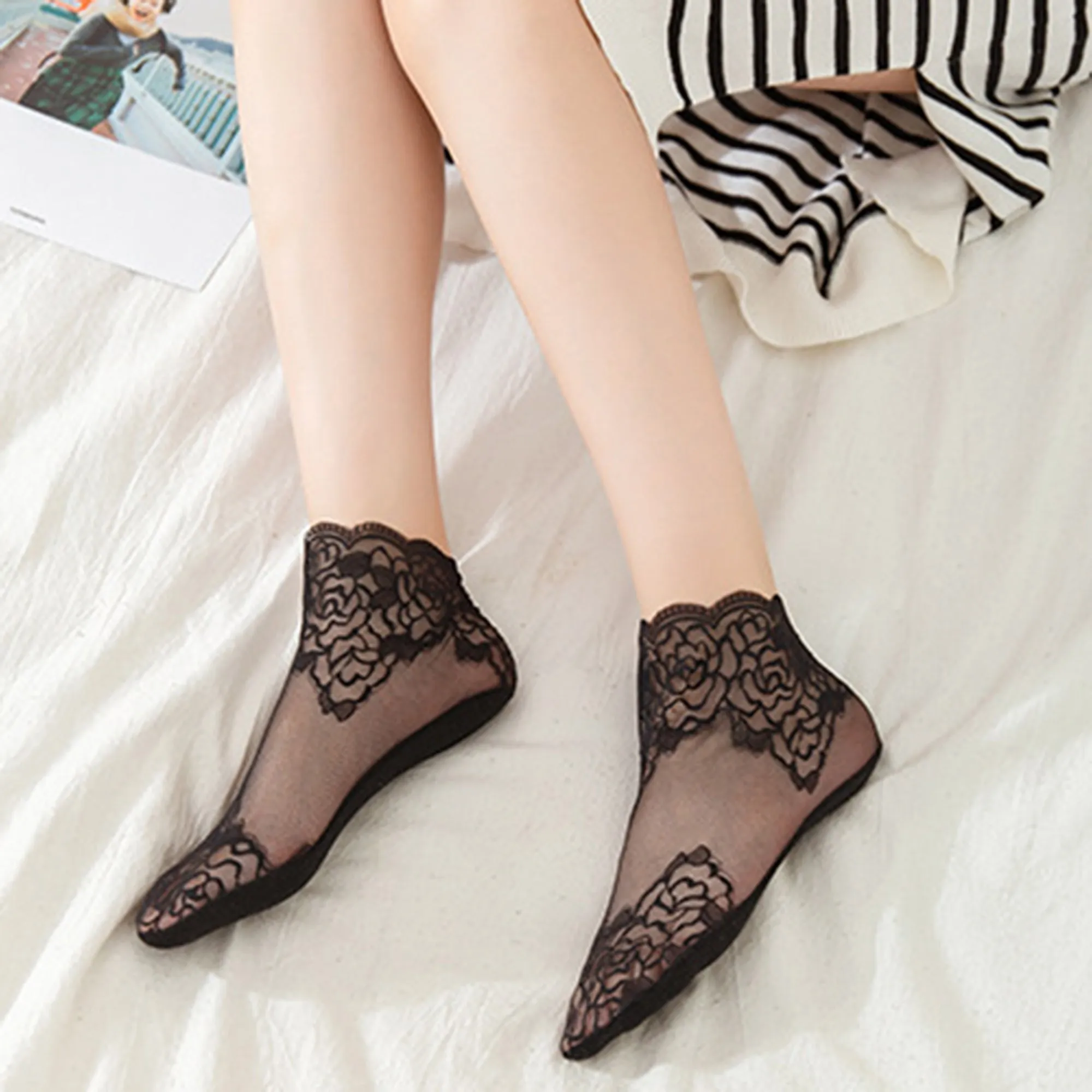 Anna-Kaci 6 Pairs Women's Floral Lace No Show Socks Lightweight Low Cut Sheer Liner with Silicone Heel Grip Elegant Invisible Design for Flats sold by Anna-Kaci product image thumbnail 3