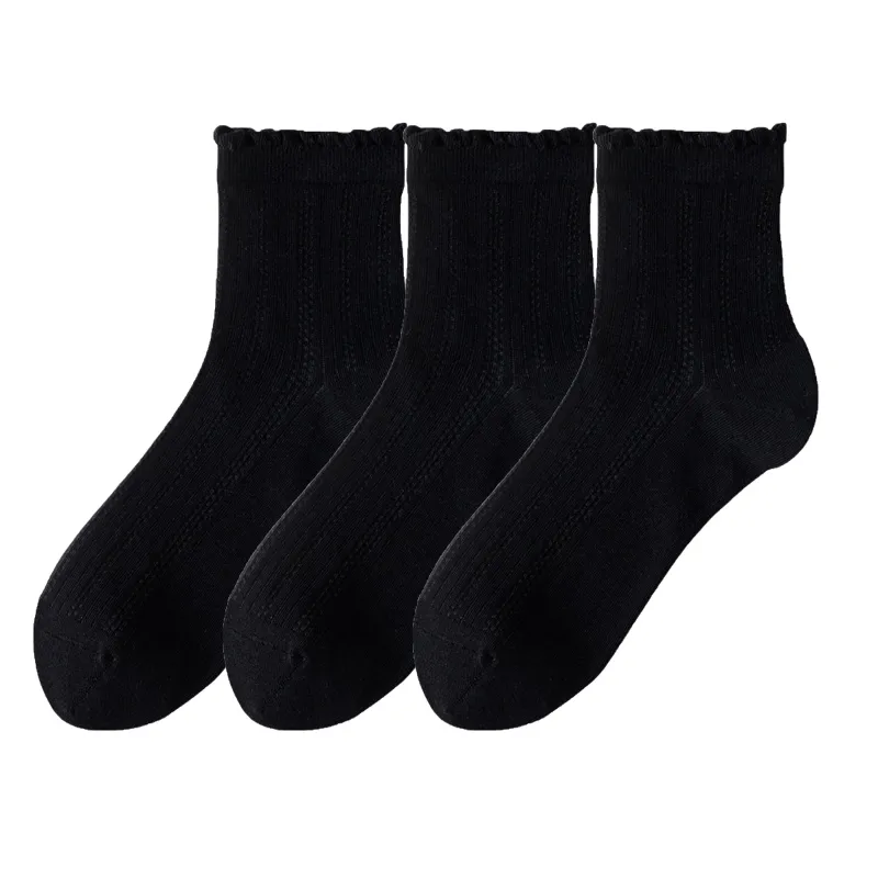 Anna-Kaci 3 Pairs Women's Ruffle Trim Crew Socks Soft Cotton Knit Lightweight Ribbed Texture with Scalloped Edge for Everyday Wear sold by Anna-Kaci