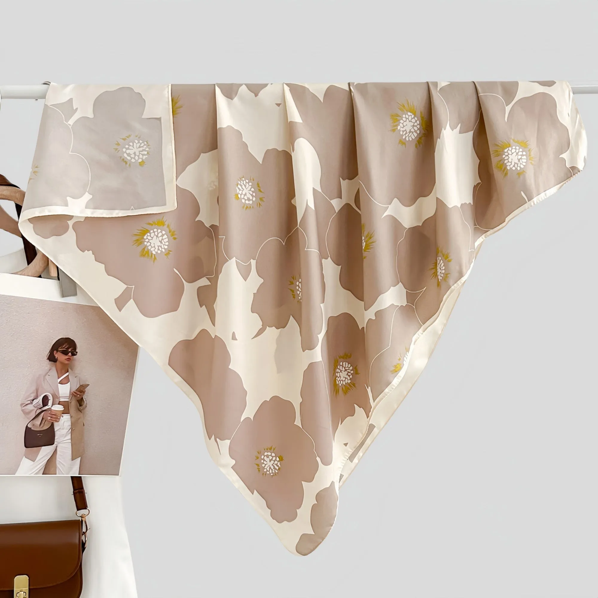 Anna-Kaci Women's Square Floral Print Satin Scarf with Bold Leaf Pattern and Smooth Silky Finish sold by Anna-Kaci