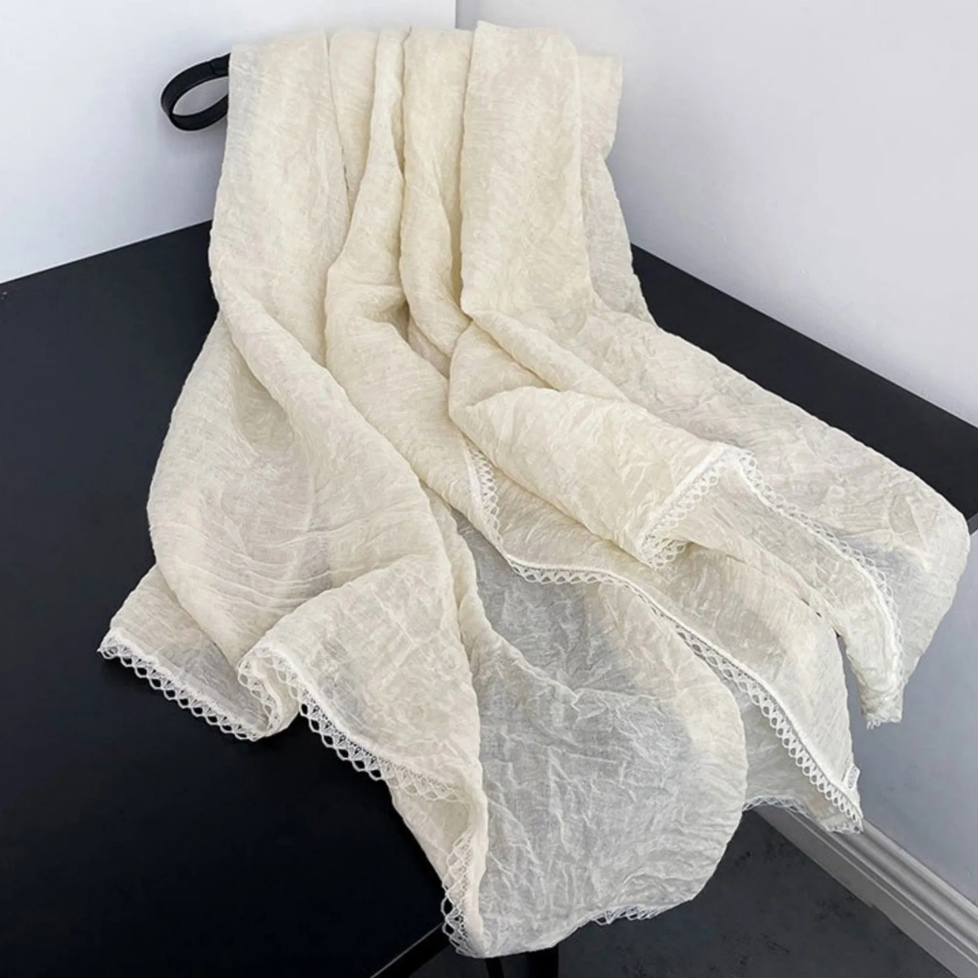 Anna-Kaci Women's Lightweight Crinkled Wrap Scarf with Delicate Lace Trim Edges sold by Anna-Kaci product image thumbnail 2