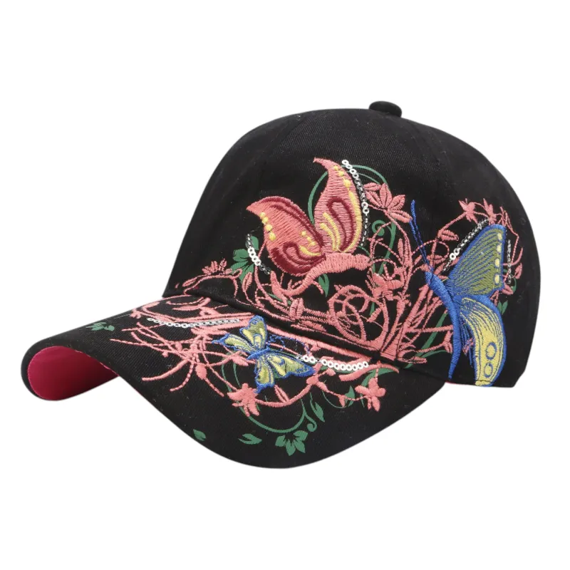 Anna-Kaci Women's Embroidered Butterfly Baseball Cap with Floral Sequin Accents and Curved Brim for Artistic Casual Style sold by Anna-Kaci