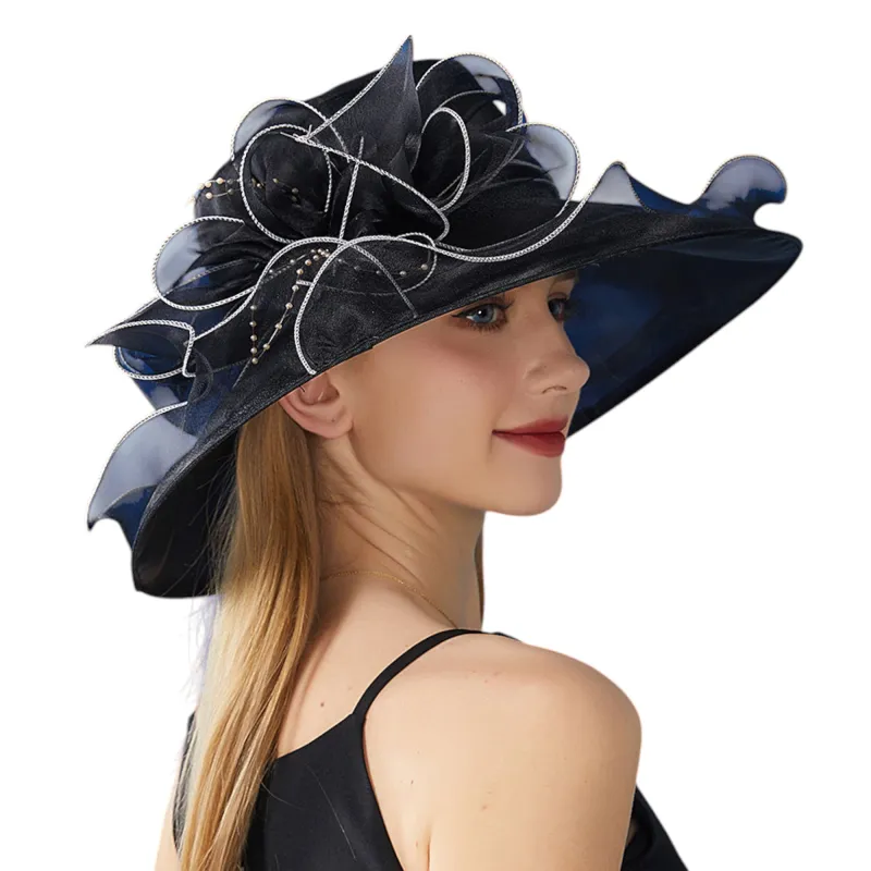 Anna-Kaci Women's Wide Brim Organza Dress Hat with Sheer Ribbon Floral Design for Formal Events and Sun Protection sold by Anna-Kaci