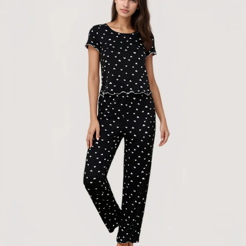 Anna-Kaci Lounge Women's Heart Print Pajama Set with Short Sleeve Lettuce Trim Top and Full-Length Pants sold by Anna-Kaci