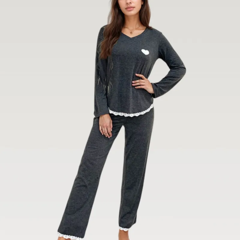 Anna-Kaci Lounge Women's Long Sleeve Pajama Set with Lace Trim and Heart Detail sold by Anna-Kaci