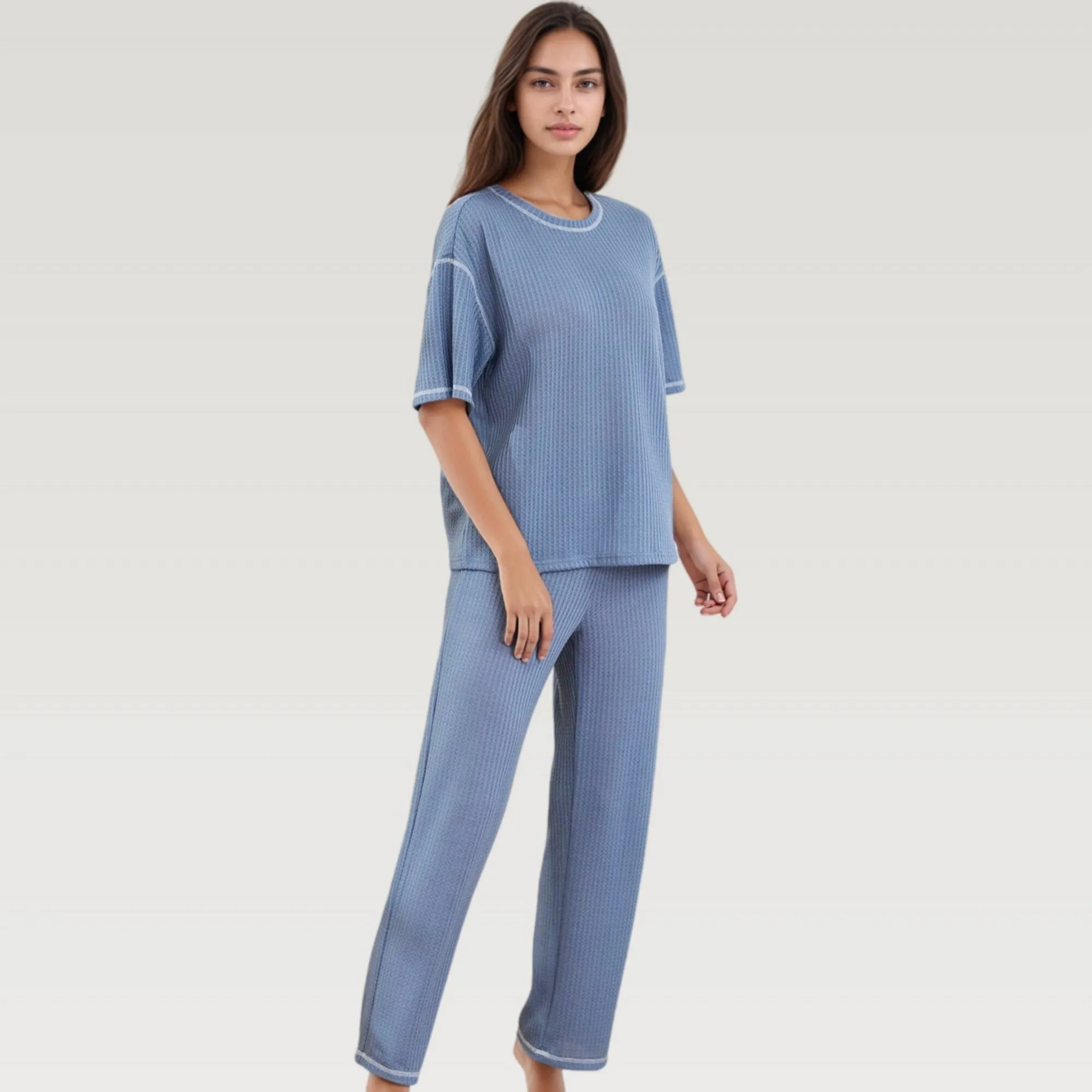 Anna-Kaci Lounge Women's Waffle Knit Pajama Set with Short Sleeve Top and Relaxed Fit Wide Leg Pants sold by Anna-Kaci product image thumbnail 5