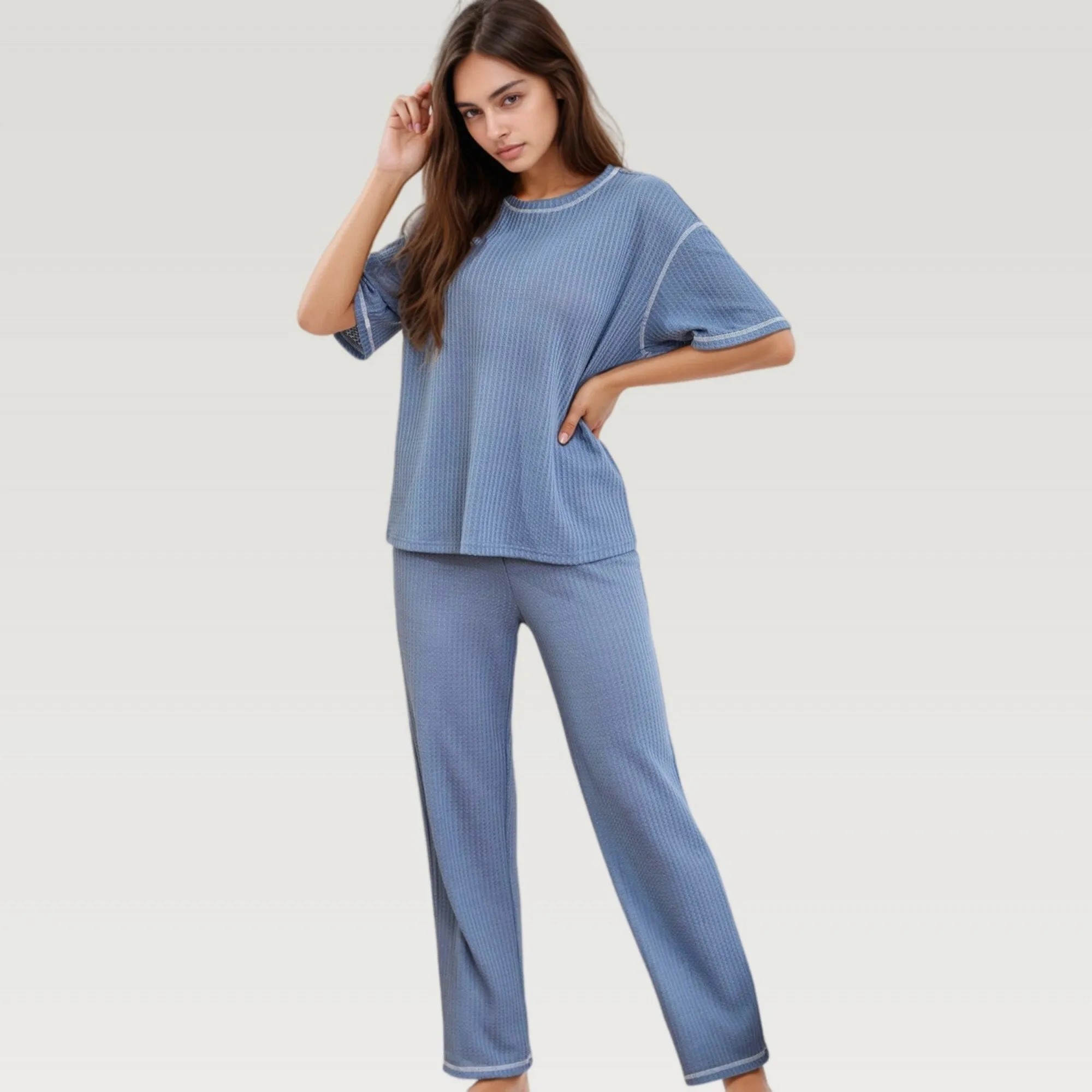 Anna-Kaci Lounge Women's Waffle Knit Pajama Set with Short Sleeve Top and Relaxed Fit Wide Leg Pants sold by Anna-Kaci product image thumbnail 2