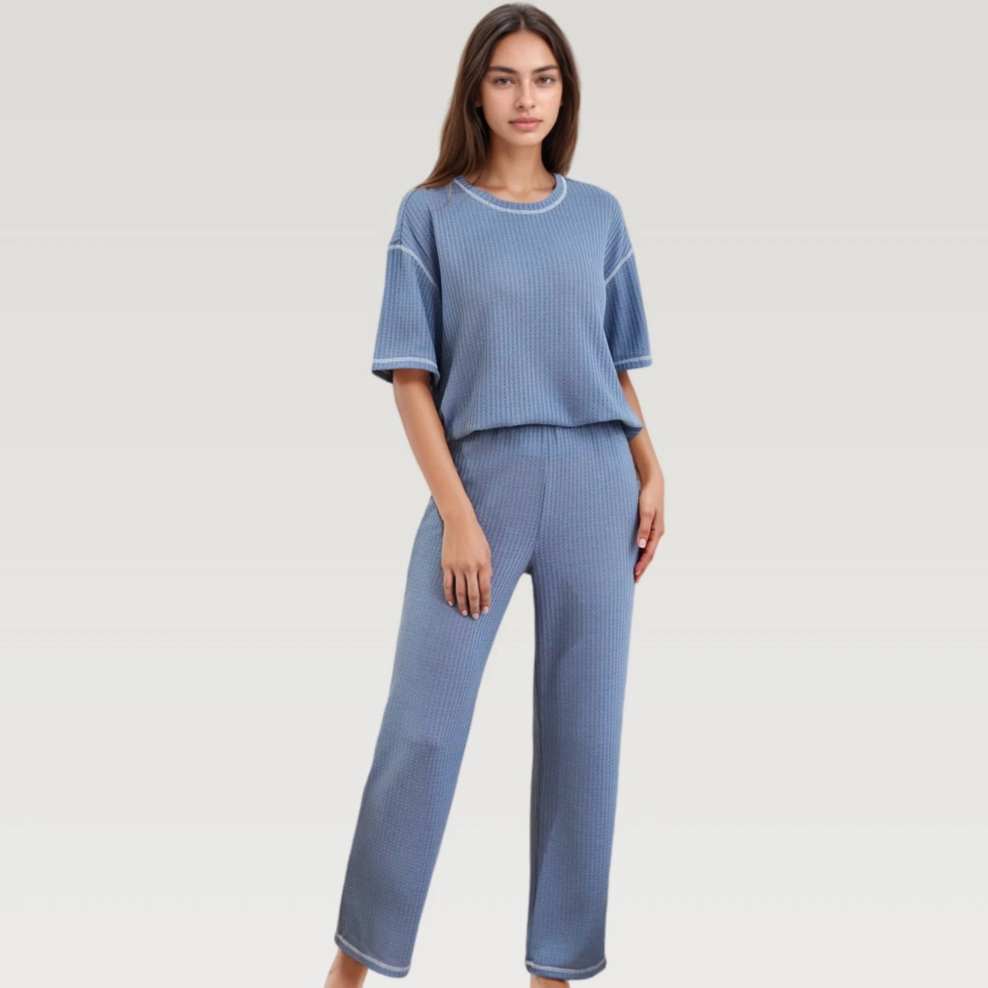 Anna-Kaci Lounge Women's Waffle Knit Pajama Set with Short Sleeve Top and Relaxed Fit Wide Leg Pants sold by Anna-Kaci product image thumbnail 3