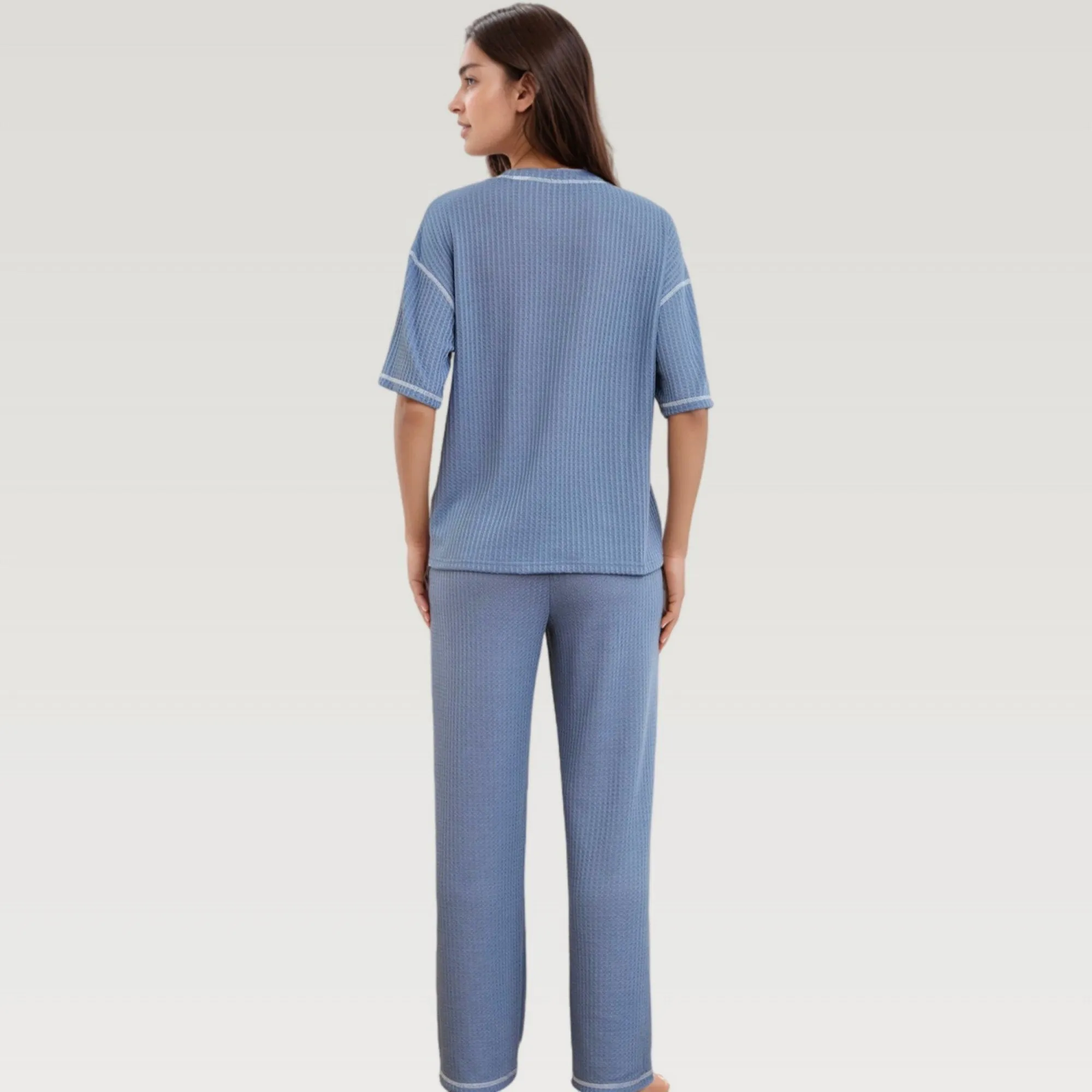 Anna-Kaci Lounge Women's Waffle Knit Pajama Set with Short Sleeve Top and Relaxed Fit Wide Leg Pants sold by Anna-Kaci product image thumbnail 4