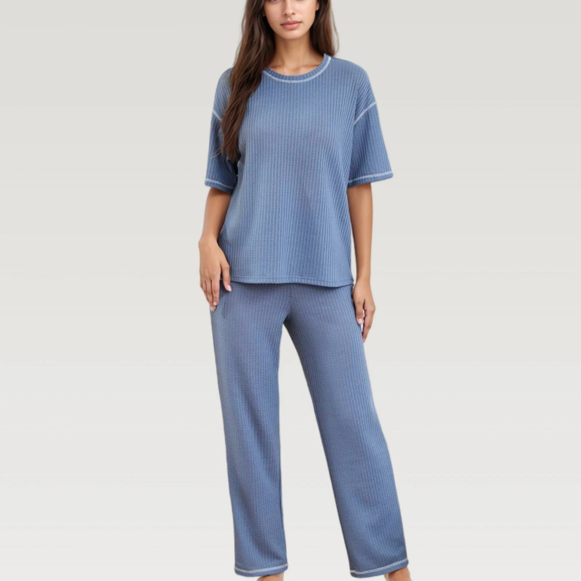 Anna-Kaci Lounge Women's Waffle Knit Pajama Set with Short Sleeve Top and Relaxed Fit Wide Leg Pants sold by Anna-Kaci