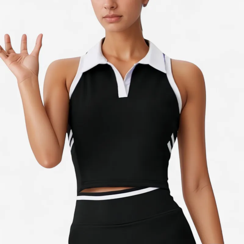 Anna-Kaci Active Women's Sleeveless Cropped Polo Top with Contrast Collar and Side Stripe Detail sold by Anna-Kaci