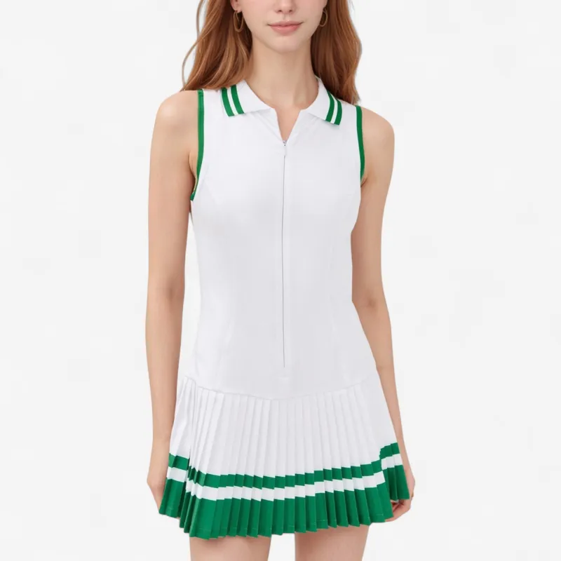 Anna-Kaci Active Women's Sleeveless Tennis Dress with Zip Front Contrast Trim Collar and Colorblock Pleated Skirt sold by Anna-Kaci