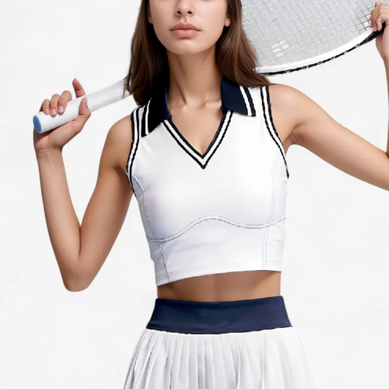 Anna-Kaci Active Women's Sleeveless Cropped Tennis Top with Contrast Collar and V-Neckline sold by Anna-Kaci