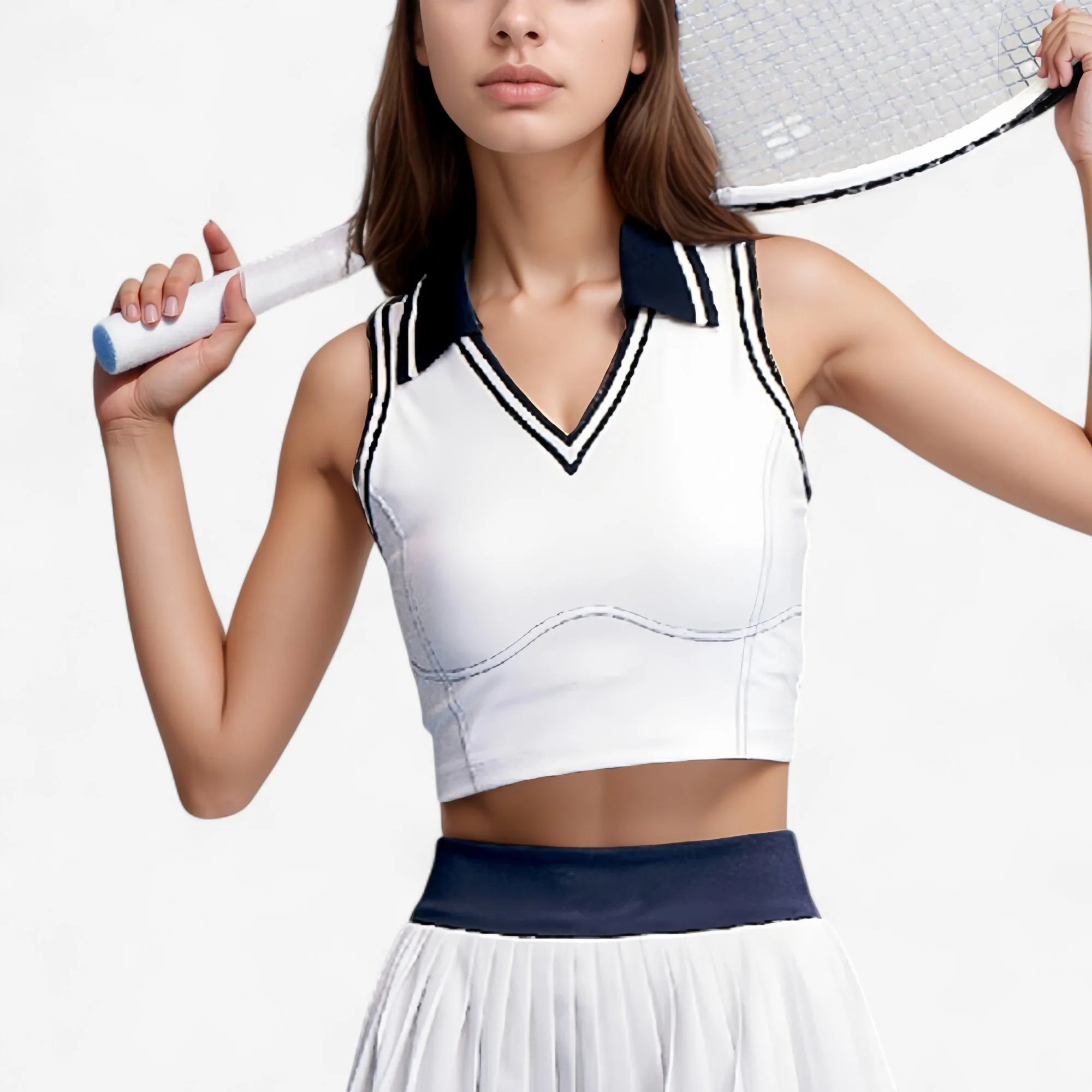 Anna-Kaci Active Women's Sleeveless Cropped Tennis Top with Contrast Collar and V-Neckline sold by Anna-Kaci