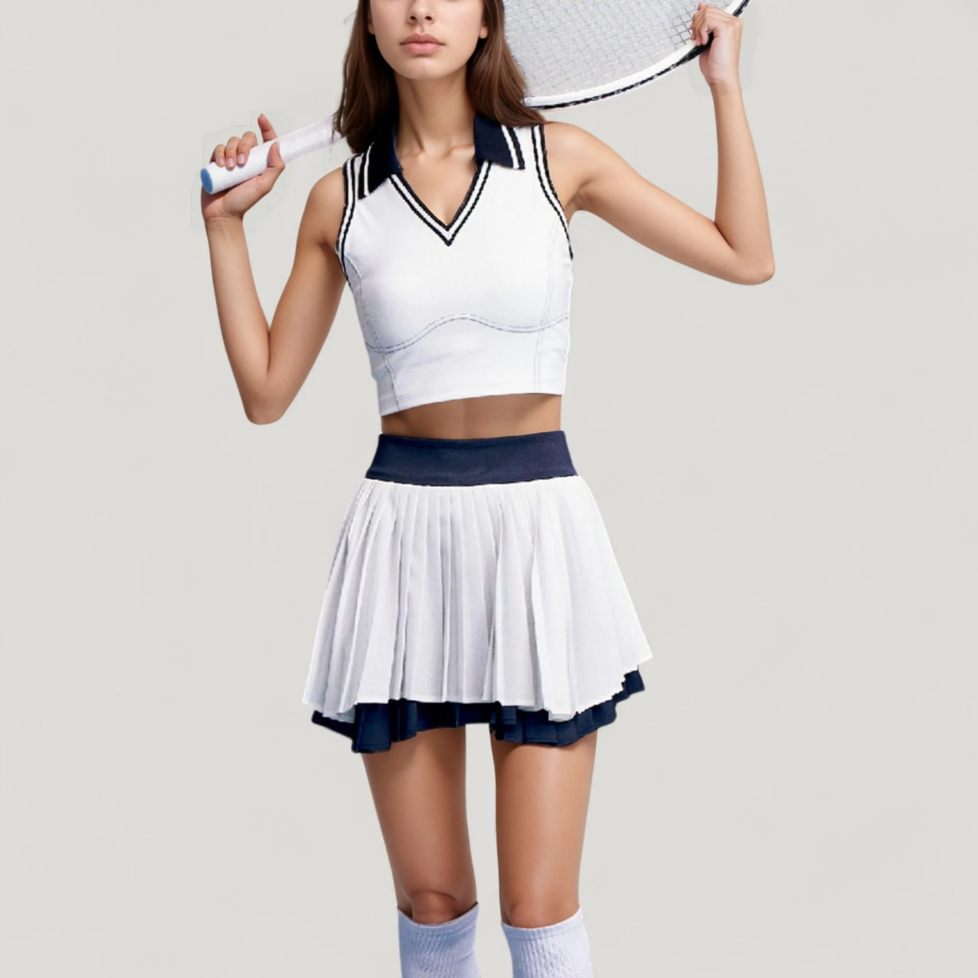 Anna-Kaci Active Women's Sleeveless Cropped Tennis Top with Contrast Collar and V-Neckline sold by Anna-Kaci product image thumbnail 2